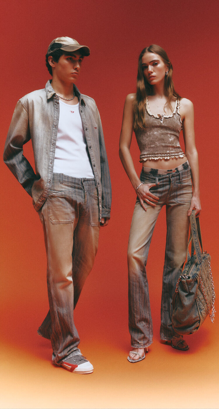 A woman and a man wearing Diesel's denim collection