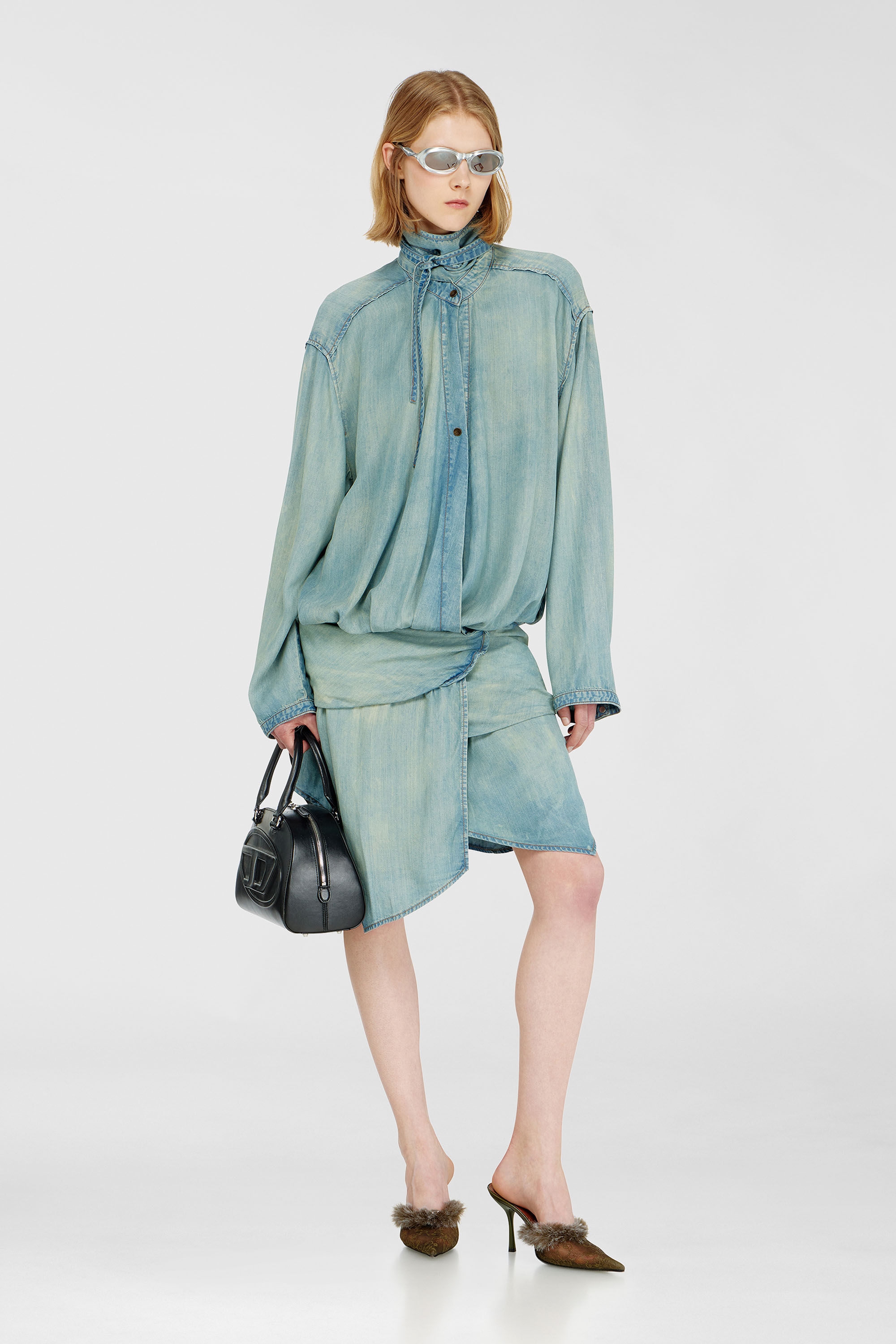 Diesel - DE-TILORA-S, Woman's Oversized draped denim shirt dress in Light Blue - 1