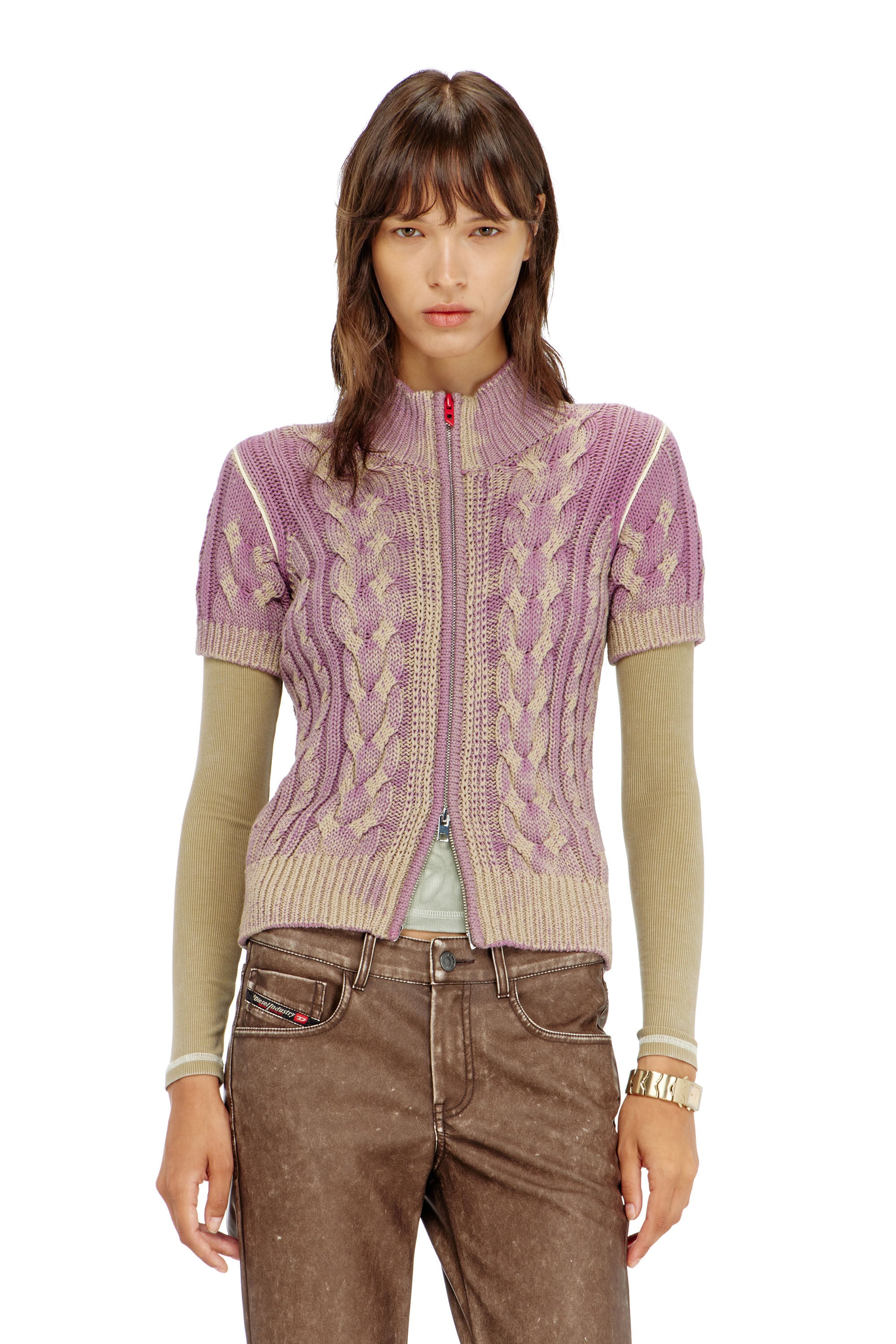 Diesel - M-ELANA, Woman's Short-sleeve zip cardigan in cable knit in Beige/Violet - 3