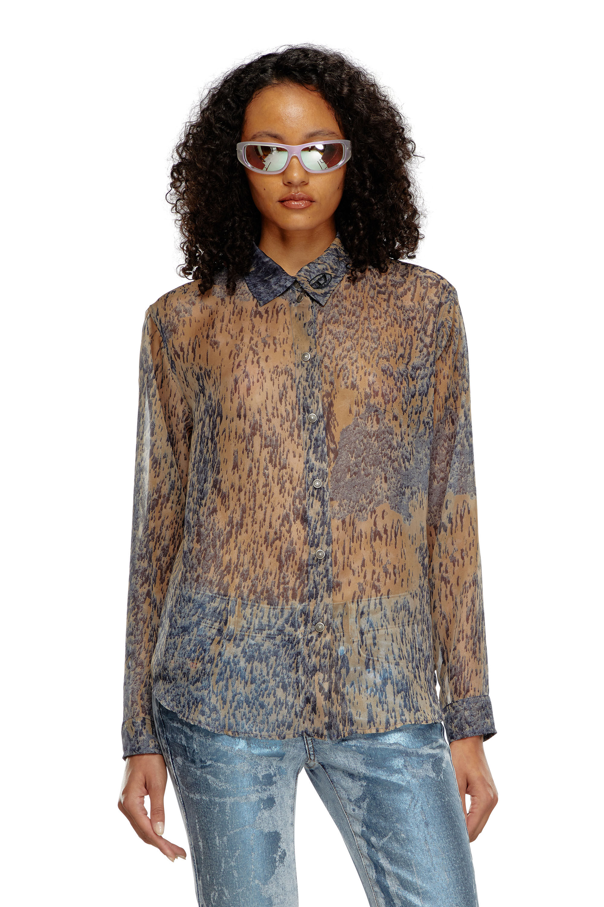 Diesel - C-OSMOS, Woman's Sheer shirt in printed chiffon in Beige/Grey - 3