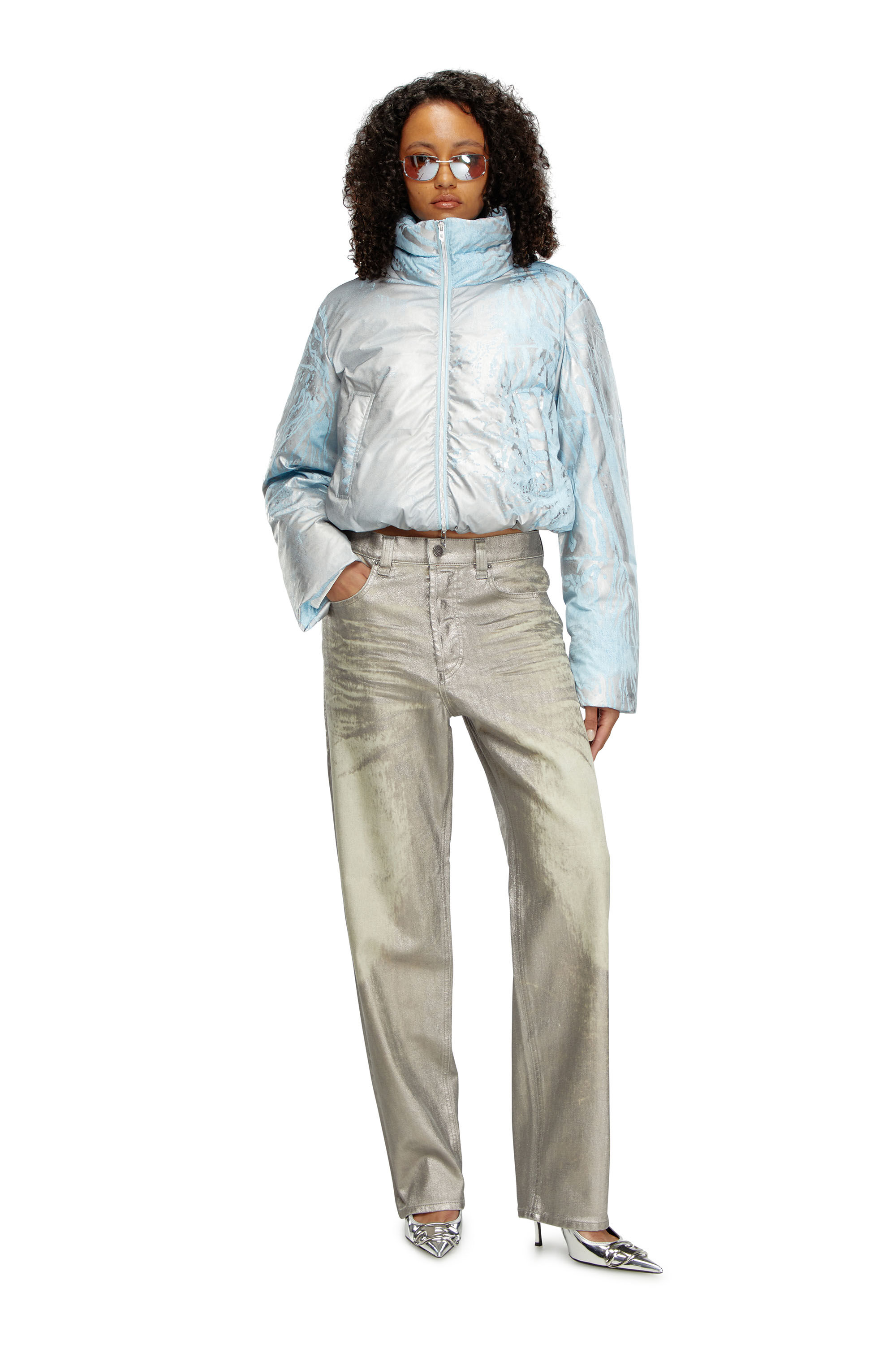 Diesel - W-HIMSY, Woman's Cropped padded jacket with metallic effects in Silver/Blue - 1