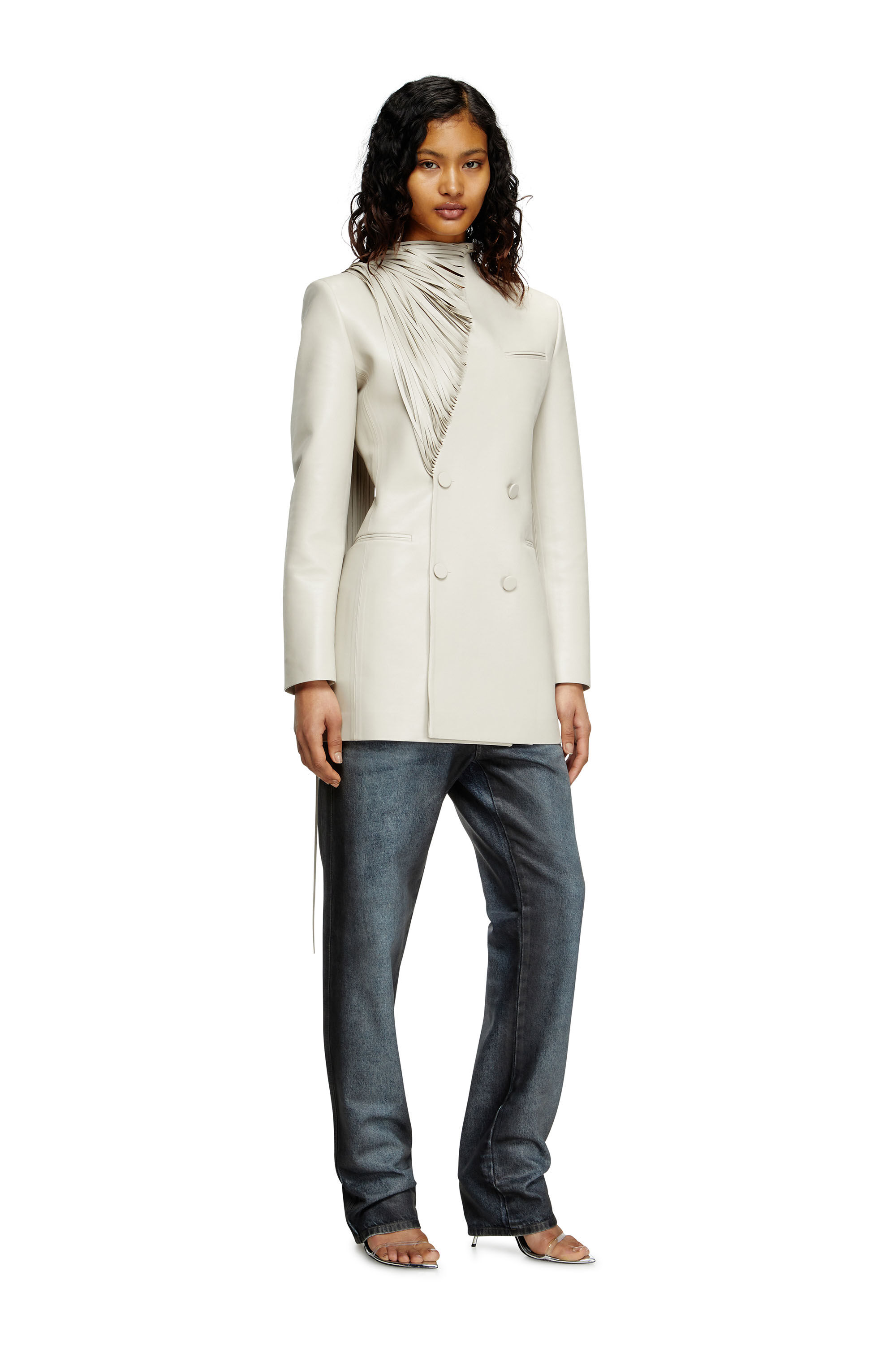 Diesel - G-SHANK, Woman's Short coat with shredded scarf fringing in Light Grey - 3
