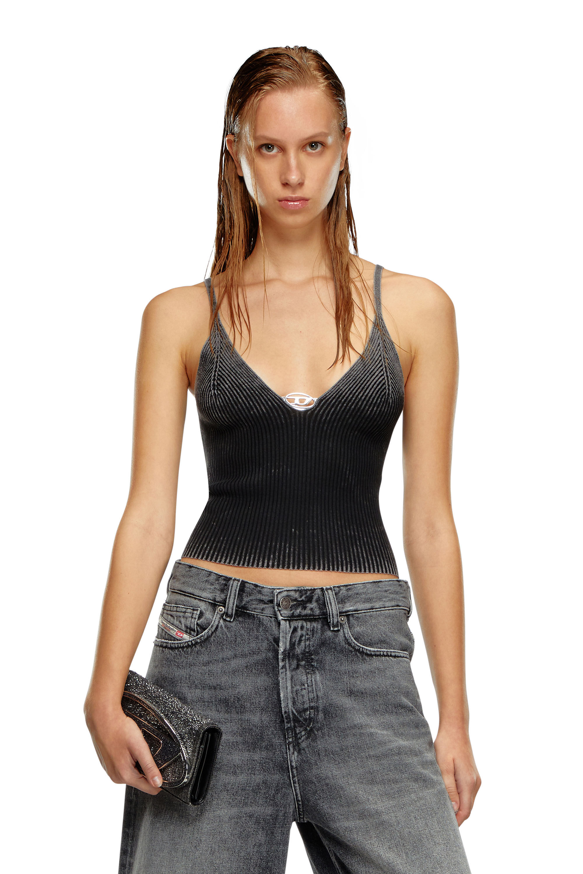 Diesel - M-LAILA, Woman's Camisole in faded ribbed knit in Black - 3