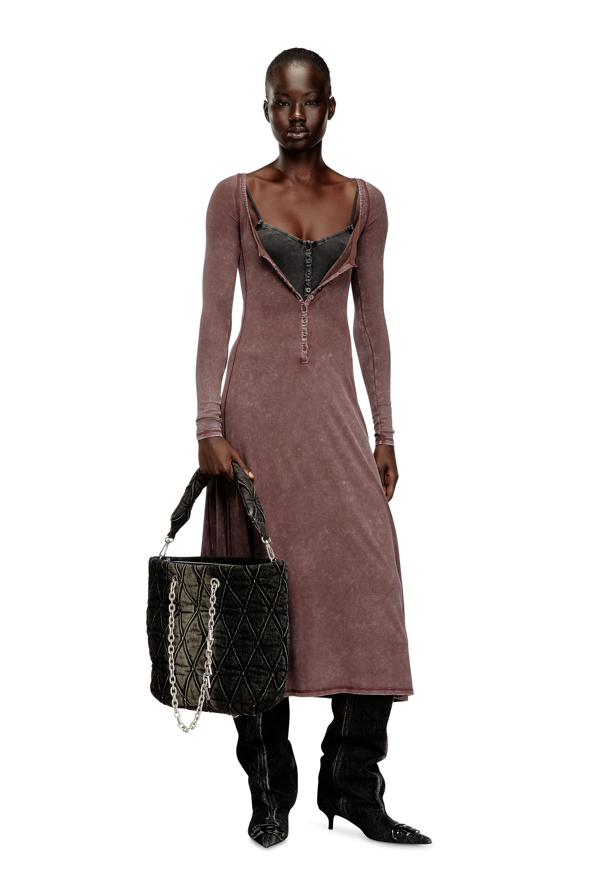 Diesel - CHARM-D SHOPPER M, Woman's Charm-D-Tote bag in quilted denim in Black - 6