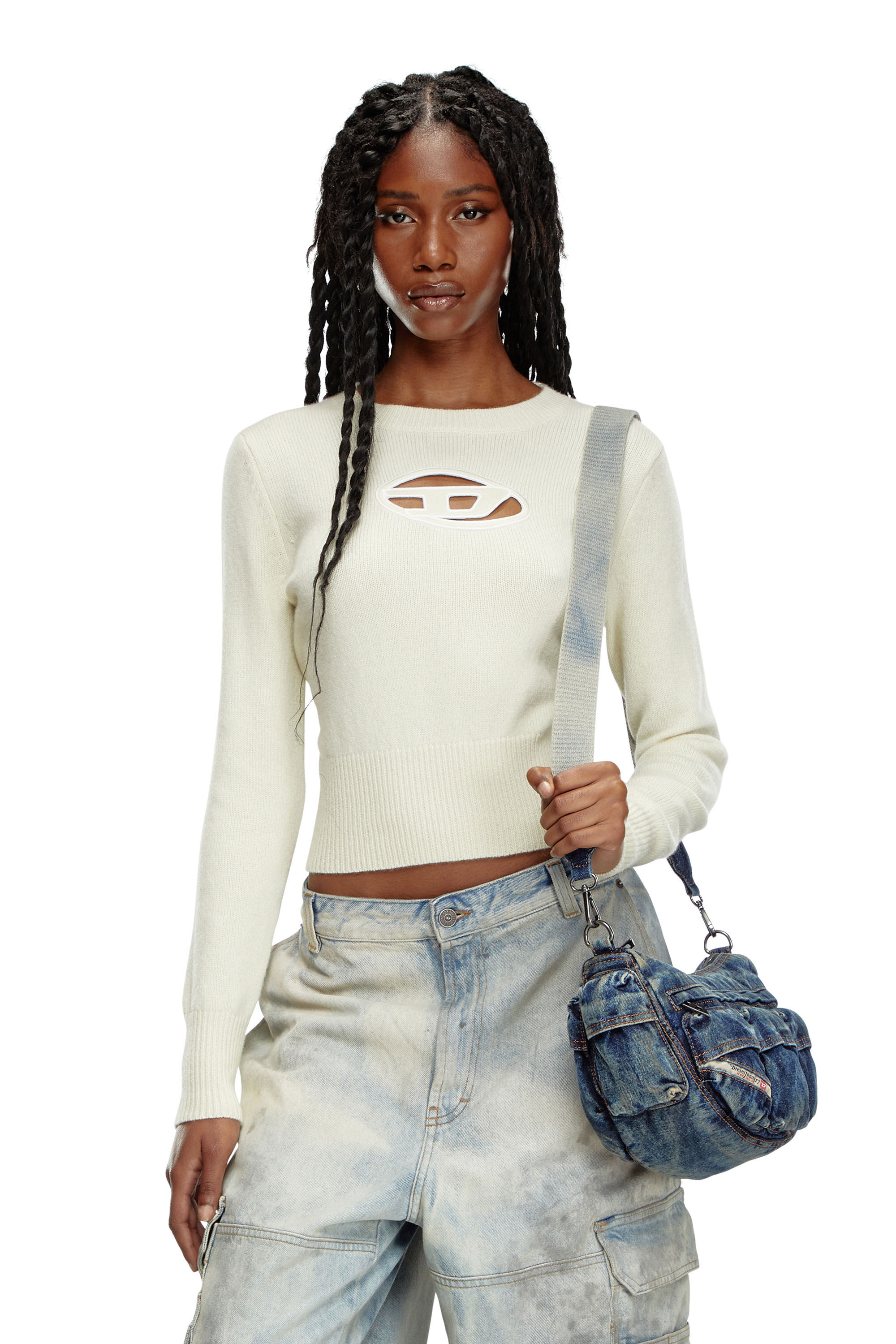 Diesel - M-AREESA, Woman's Jumper with embroidered cut-out logo in White - 3