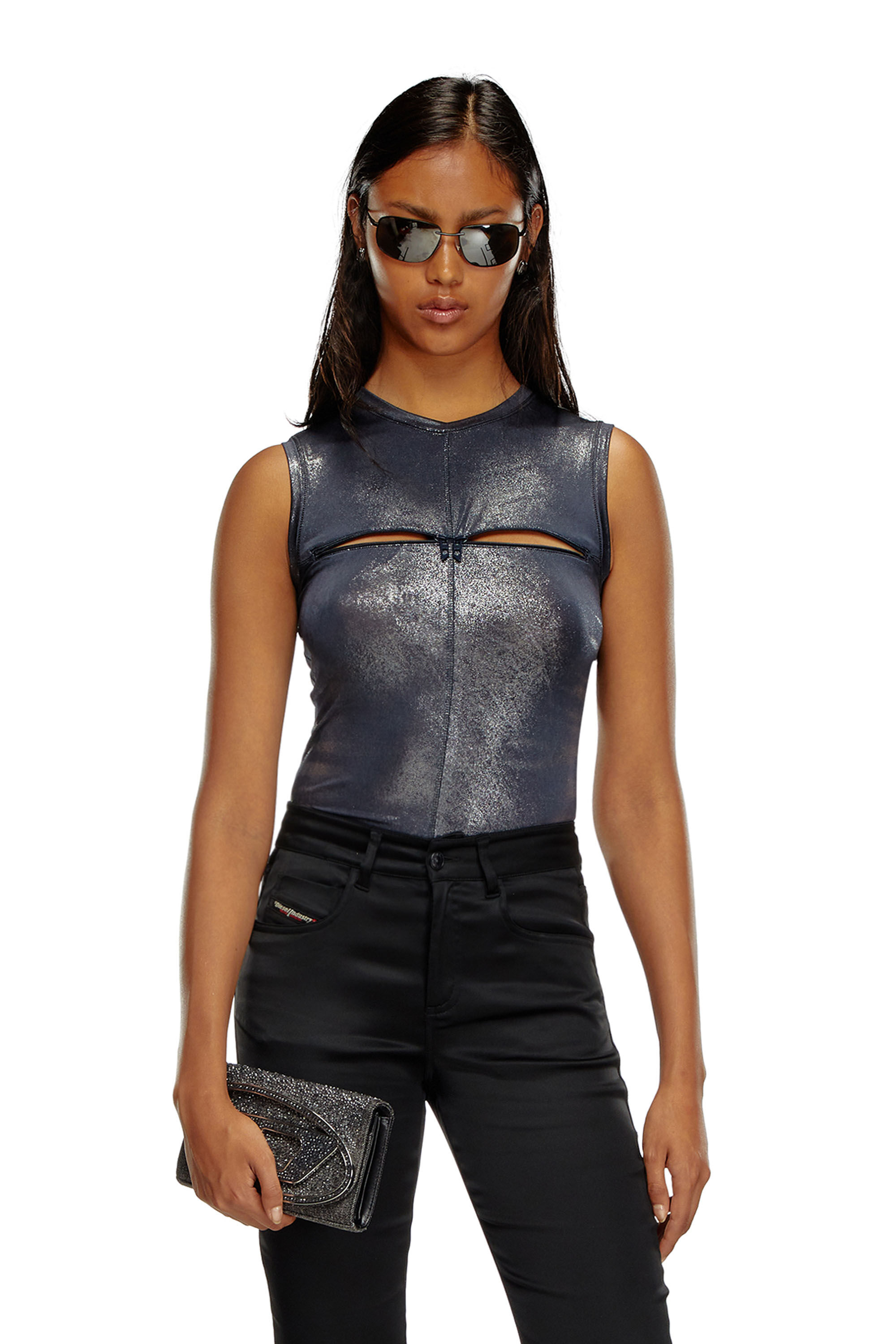 Diesel - T-VEZZY, Woman's Metallic tank top with chest slit in Blue - 3