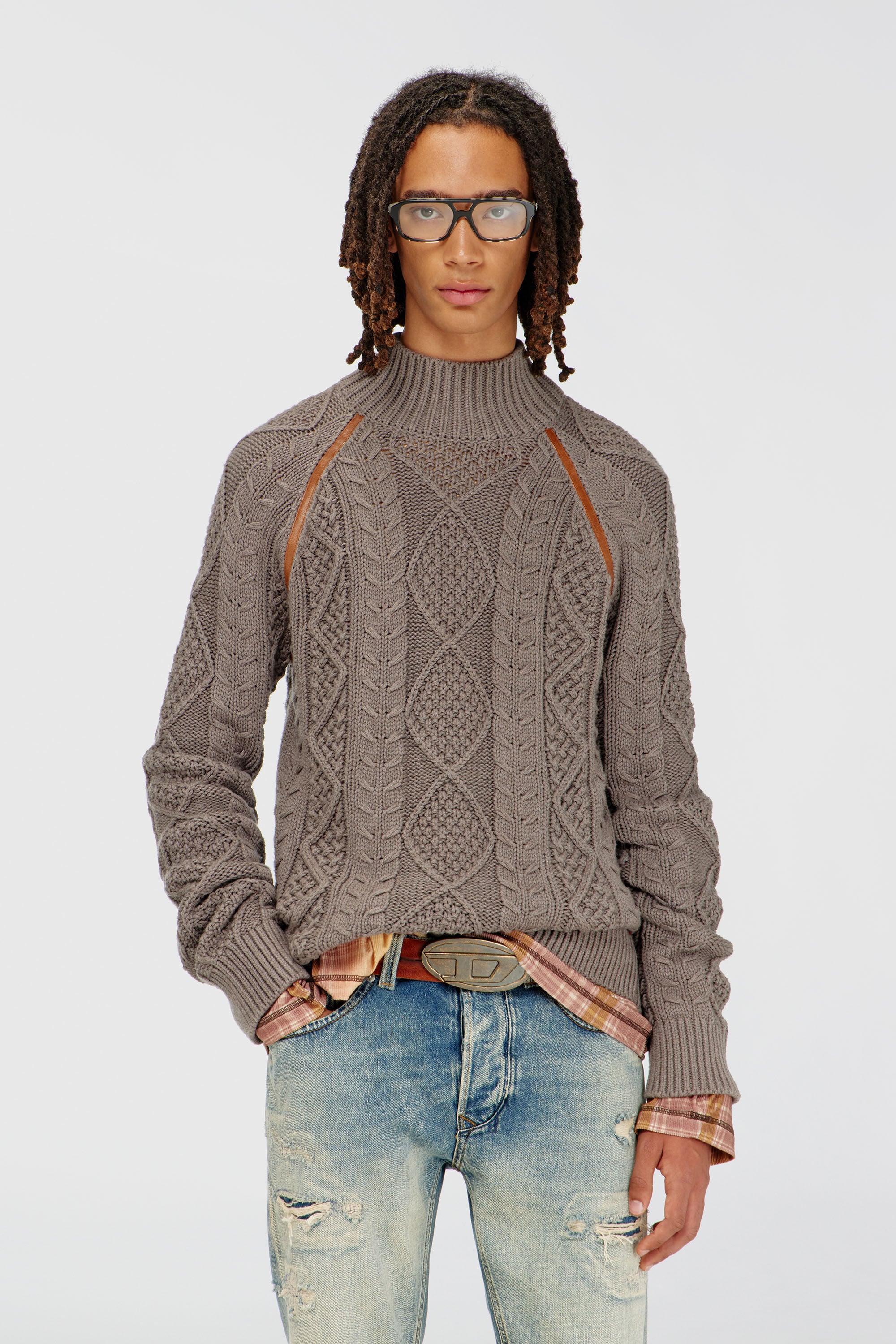 Diesel - K-INOME, Man's Turtleneck jumper in cable knit in Grey - 3