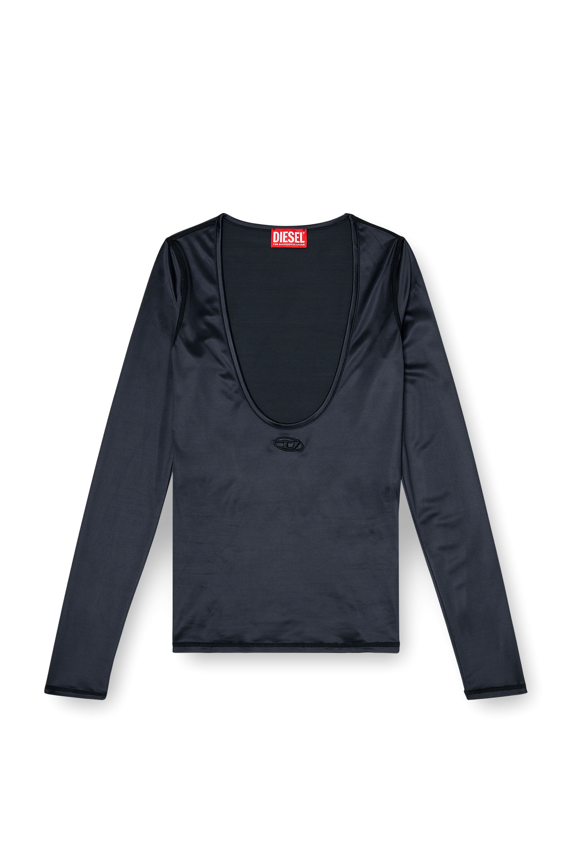 Diesel - T-ELPHIN-LS, Woman's Nylon slim top scoop neck with Logo Oval D embroidery in Black - 2