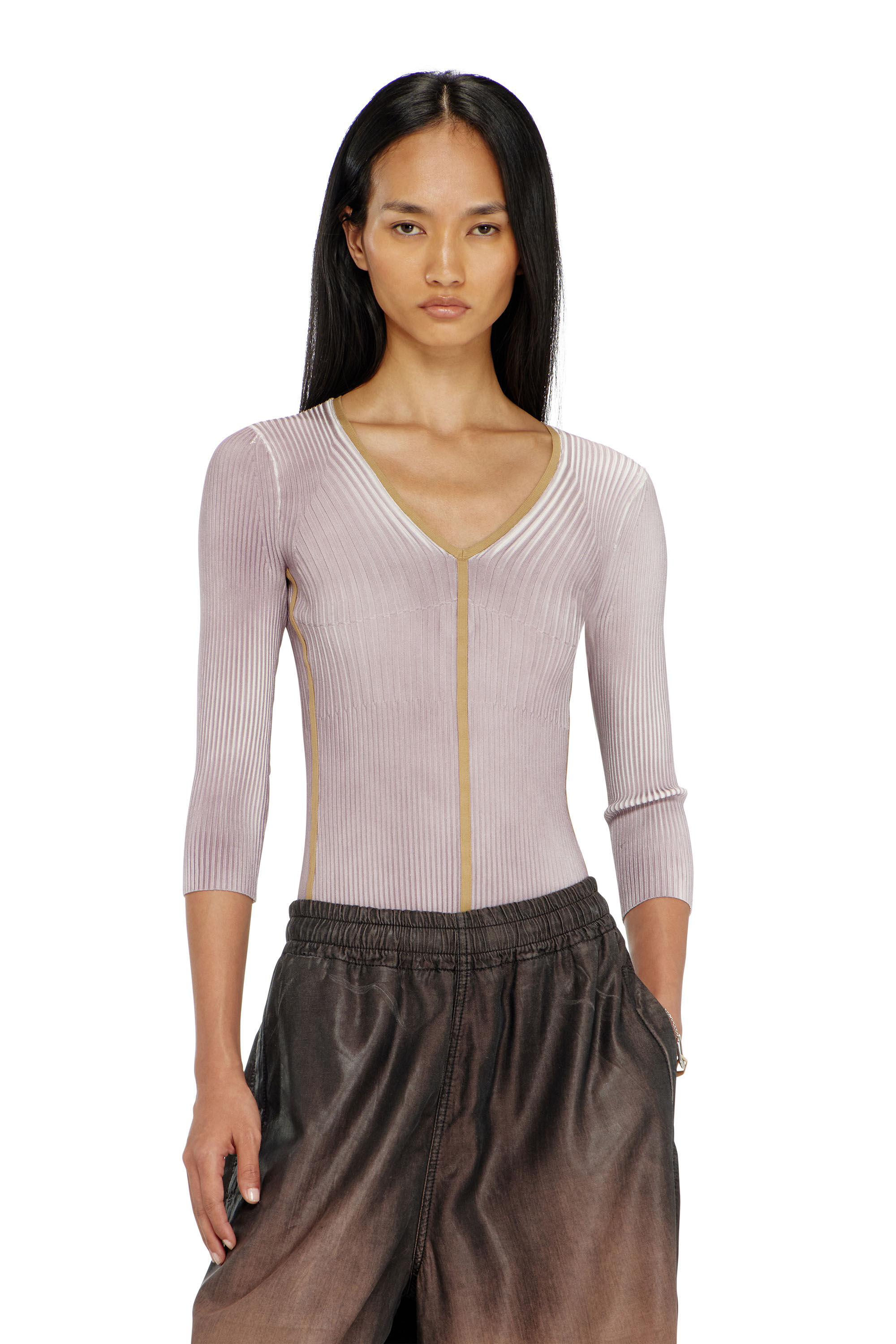 Diesel - M-SARMANI, Woman's Ribbed V-neck jumper with contrast bands in null - 3