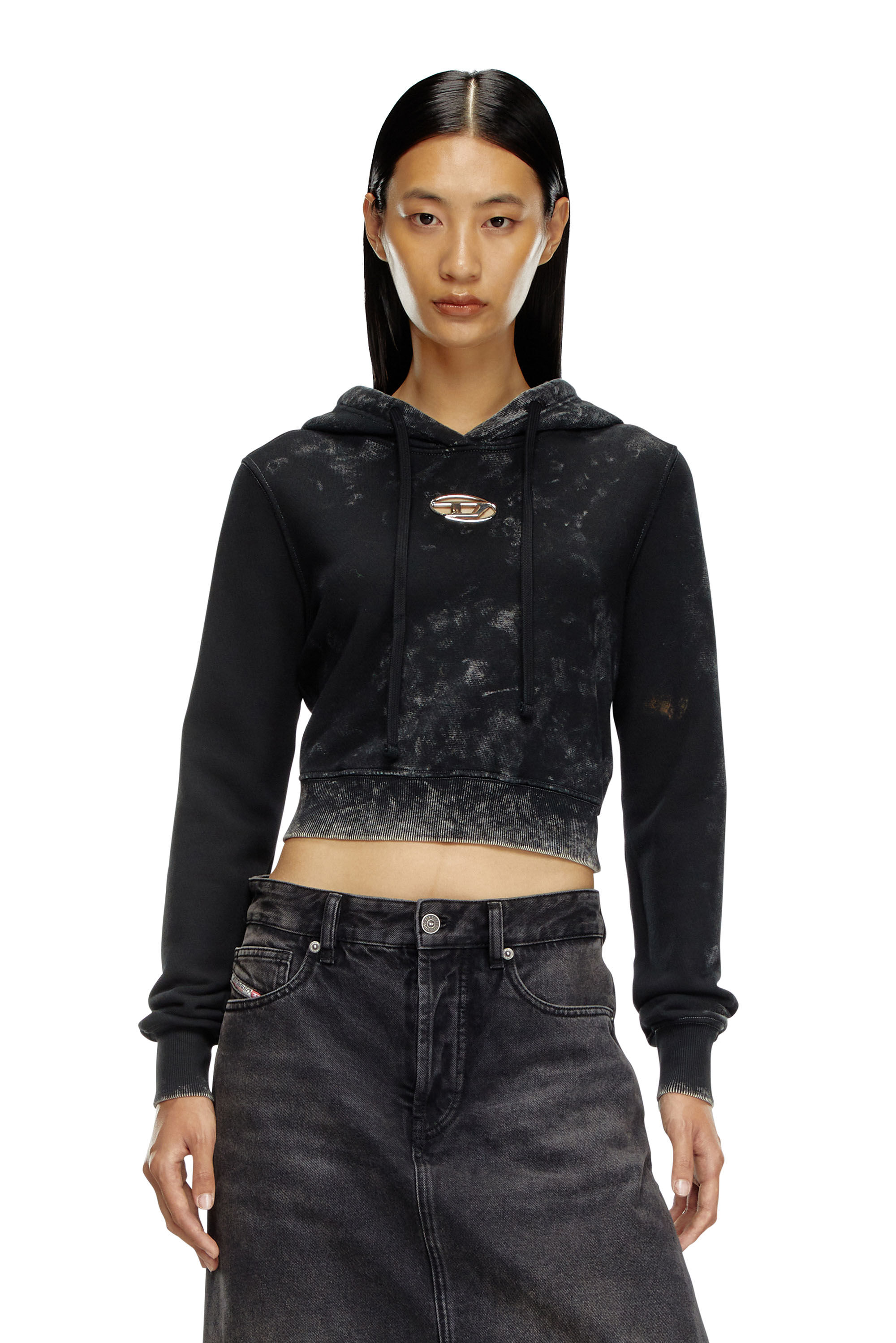 Diesel - F-SLIMMY-HOOD-P5, Woman's Faded cut-out hoodie with metal logo in Black - 3