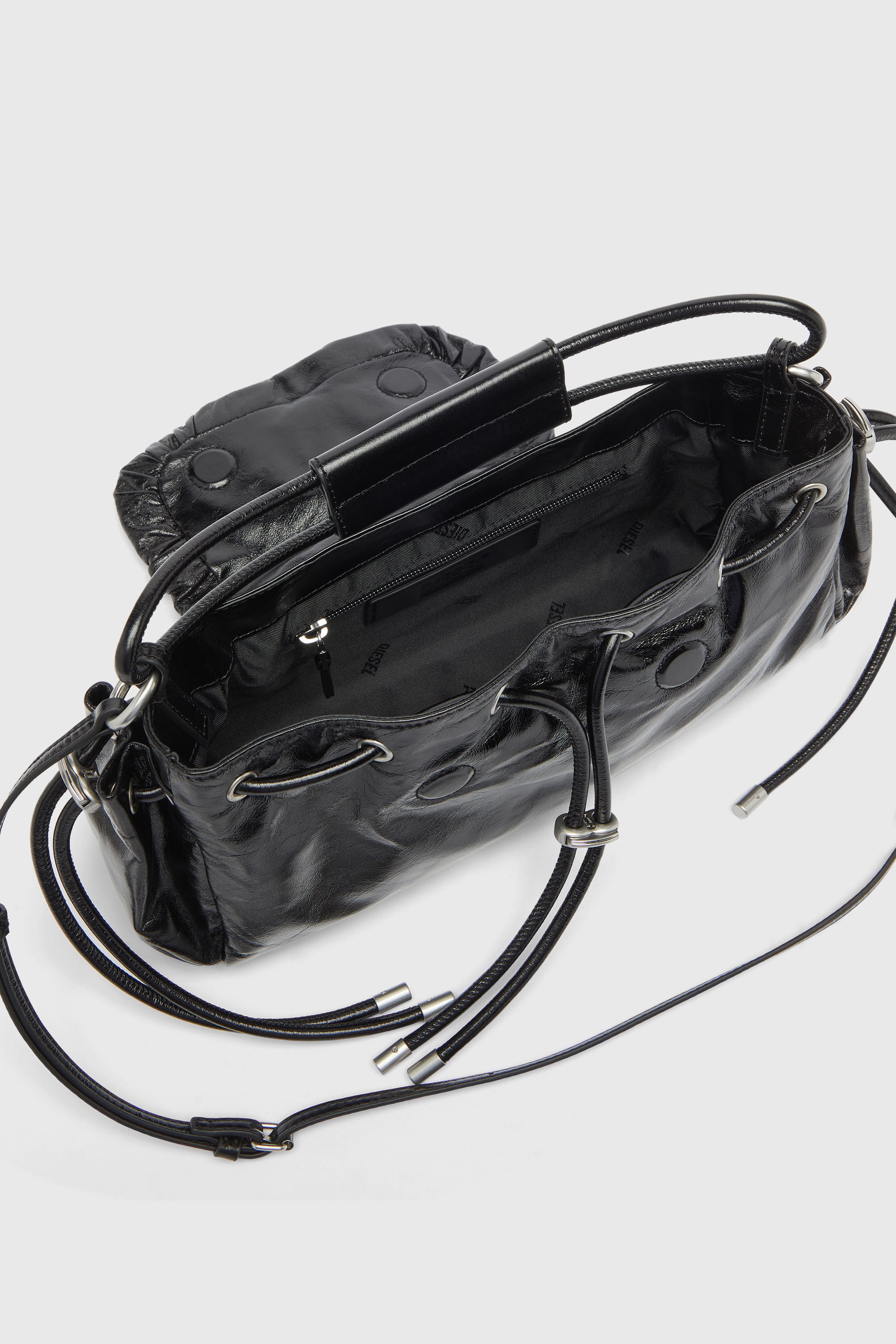 Diesel - SCRUNCH-D TOP HANDLE, Woman's Scrunch-D - Top-handle bag in shiny wrinkled leather in Black - 4