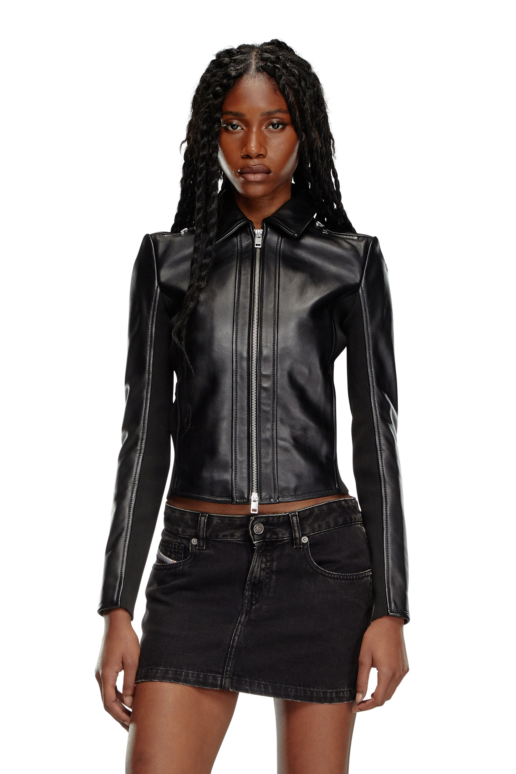 Diesel - L-SASK, Woman's Leather biker jacket with rib panels in Black - 3