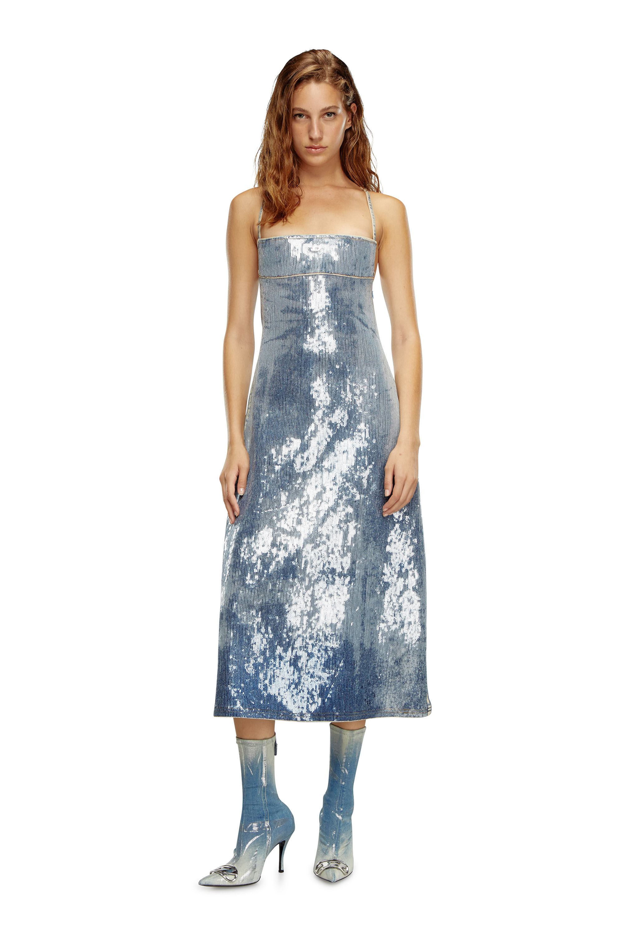 Diesel - DE-HELD-S2, Woman's Strappy denim midi dress with sequins in Medium blue - 1