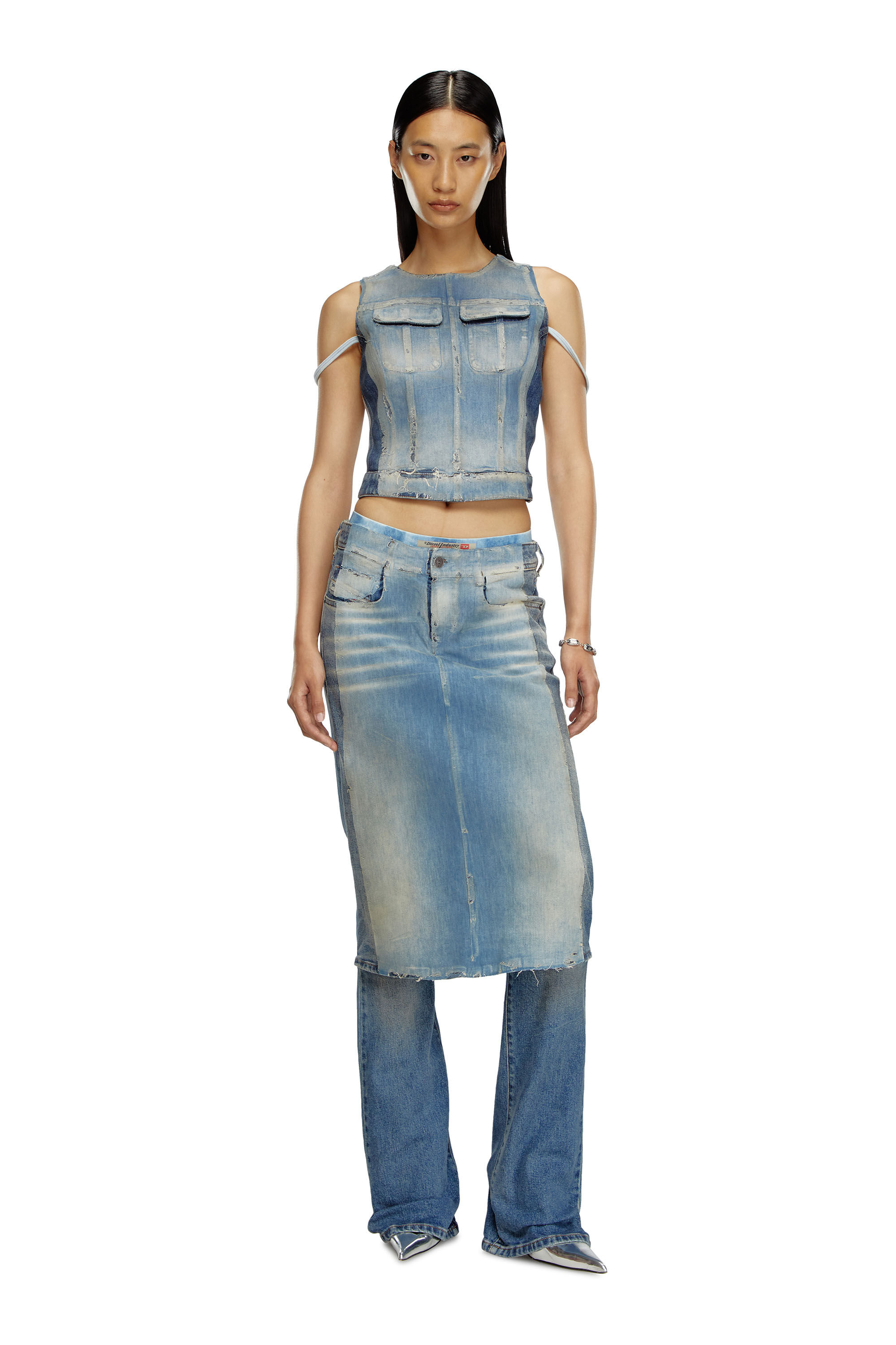 Diesel - DE-BENEDICTA-S, Woman's Top in peel-off denim and jersey in Light Blue - 1