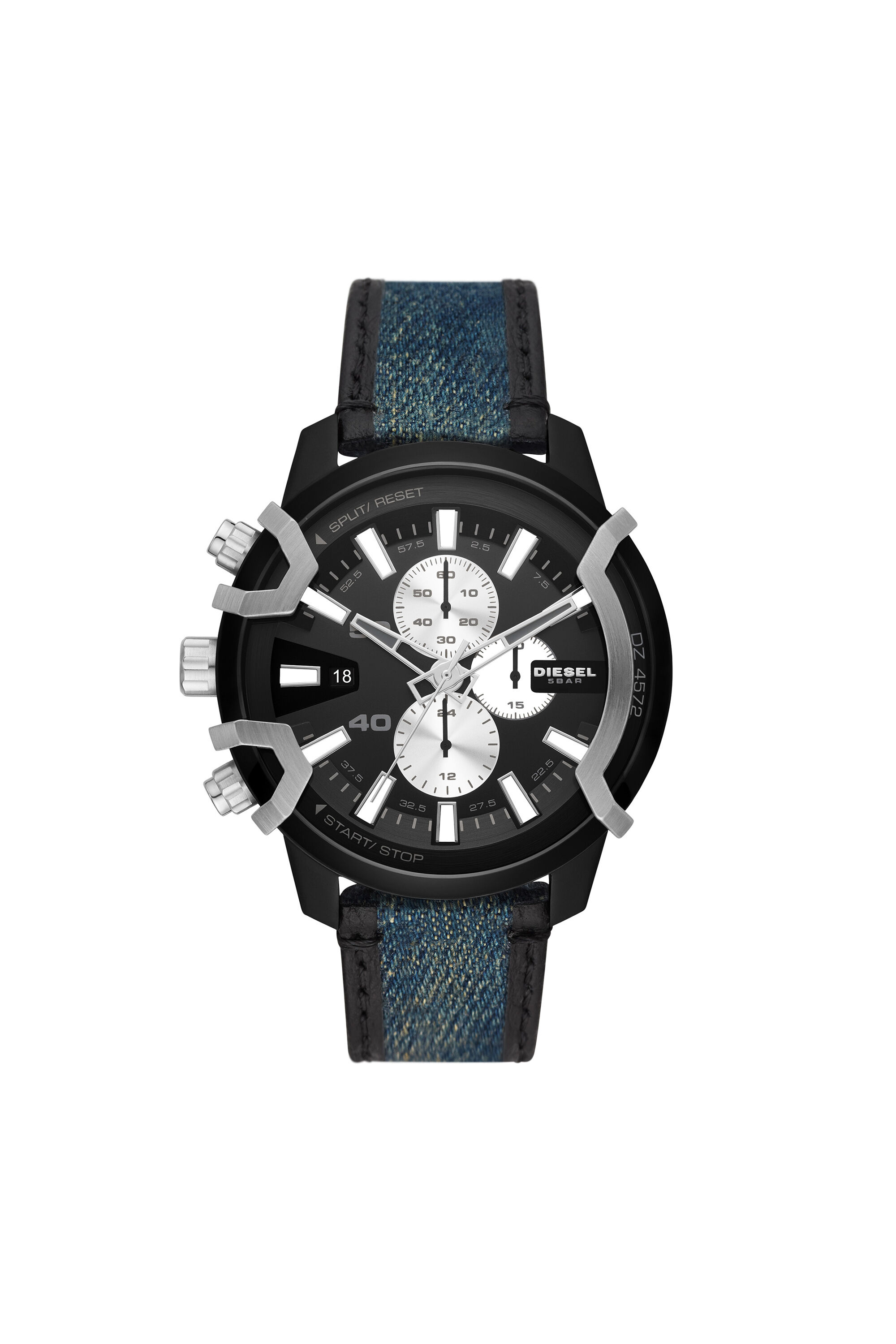 Diesel - DZ4572, Man's Griffed chronograph two-tone denim and leather watch in Blue - 1
