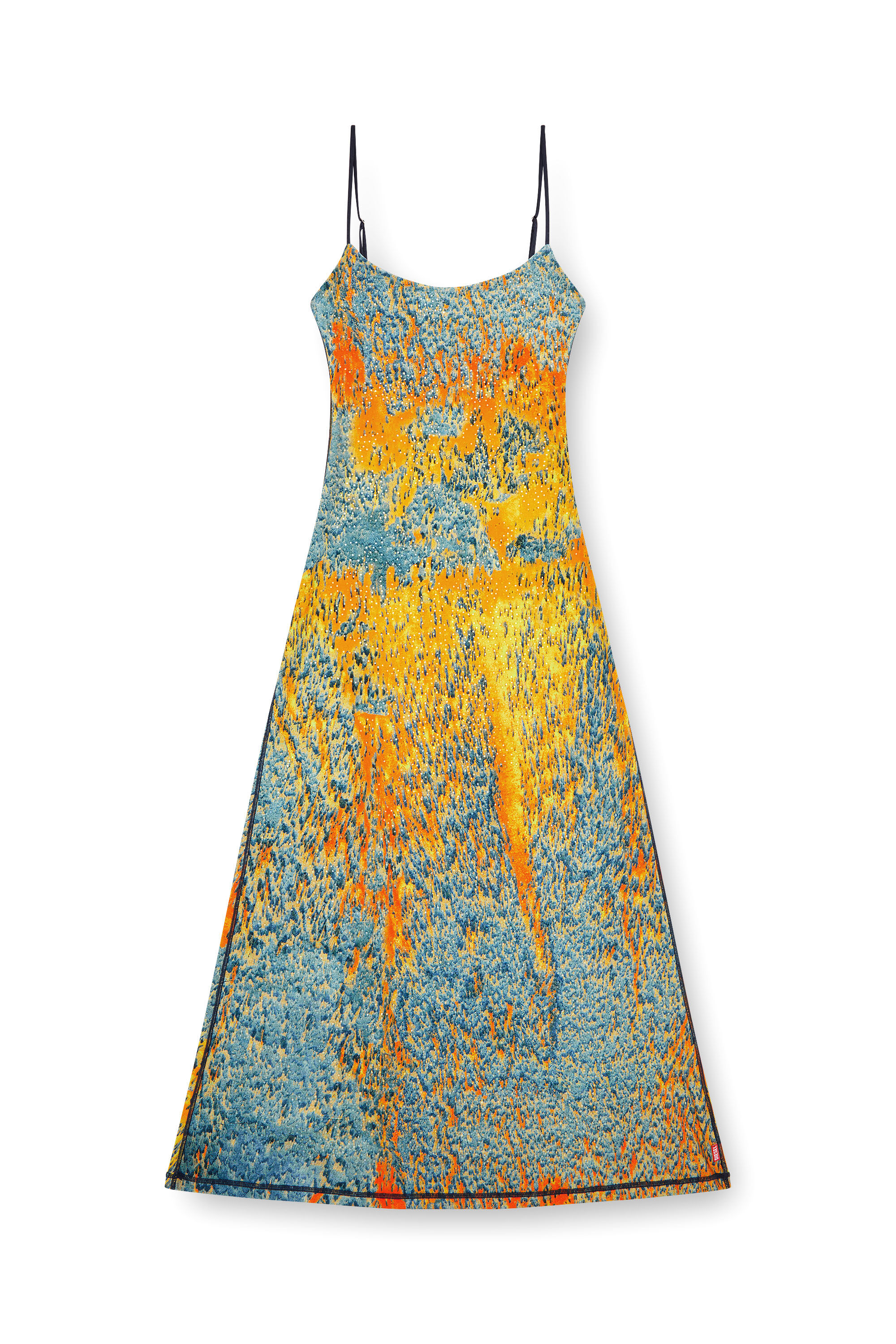 Diesel - D-AMOUR, Woman's Long printed dress with clear crystals in Blue/Orange - 2