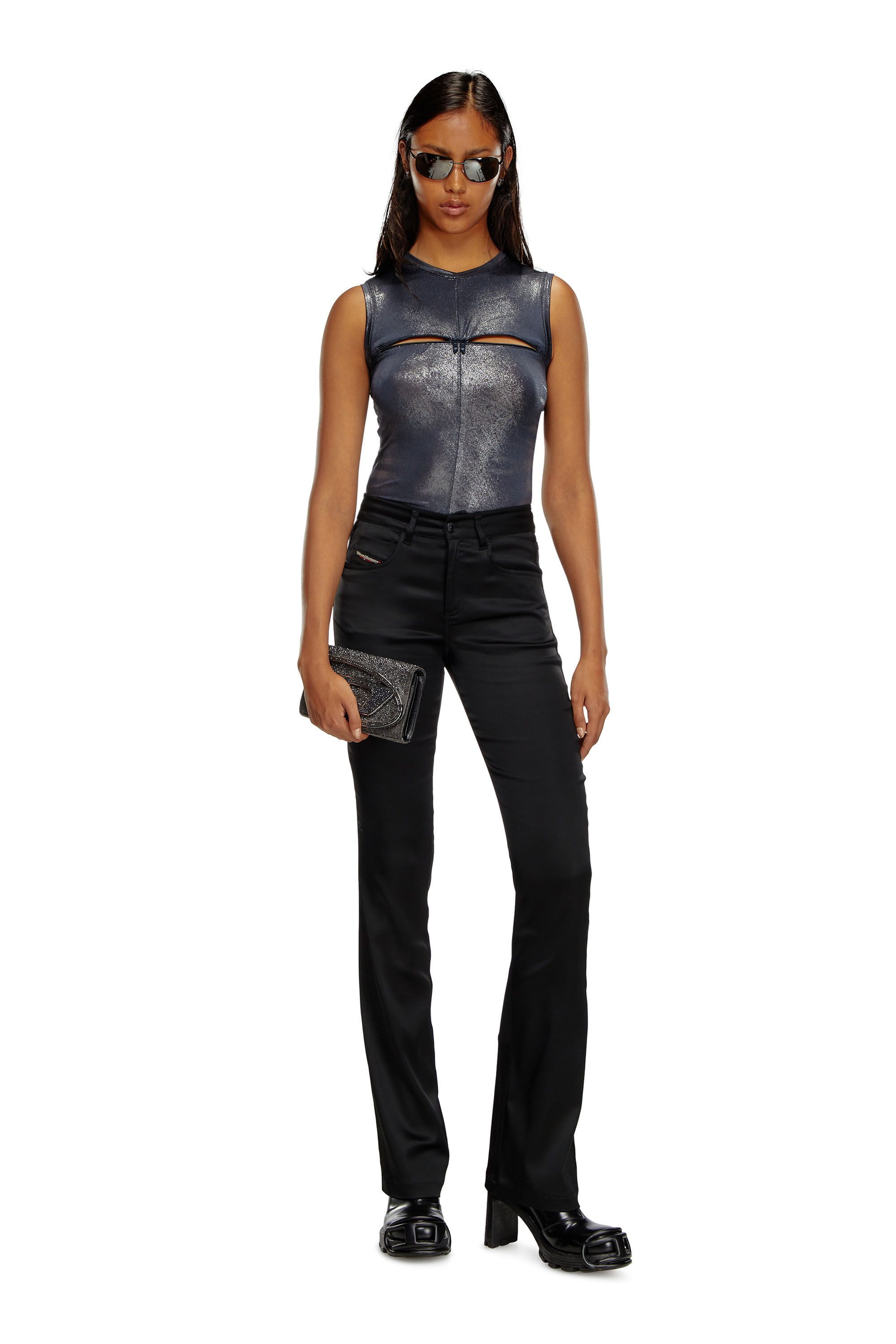 Diesel - T-VEZZY, Woman's Metallic tank top with chest slit in Blue - 1