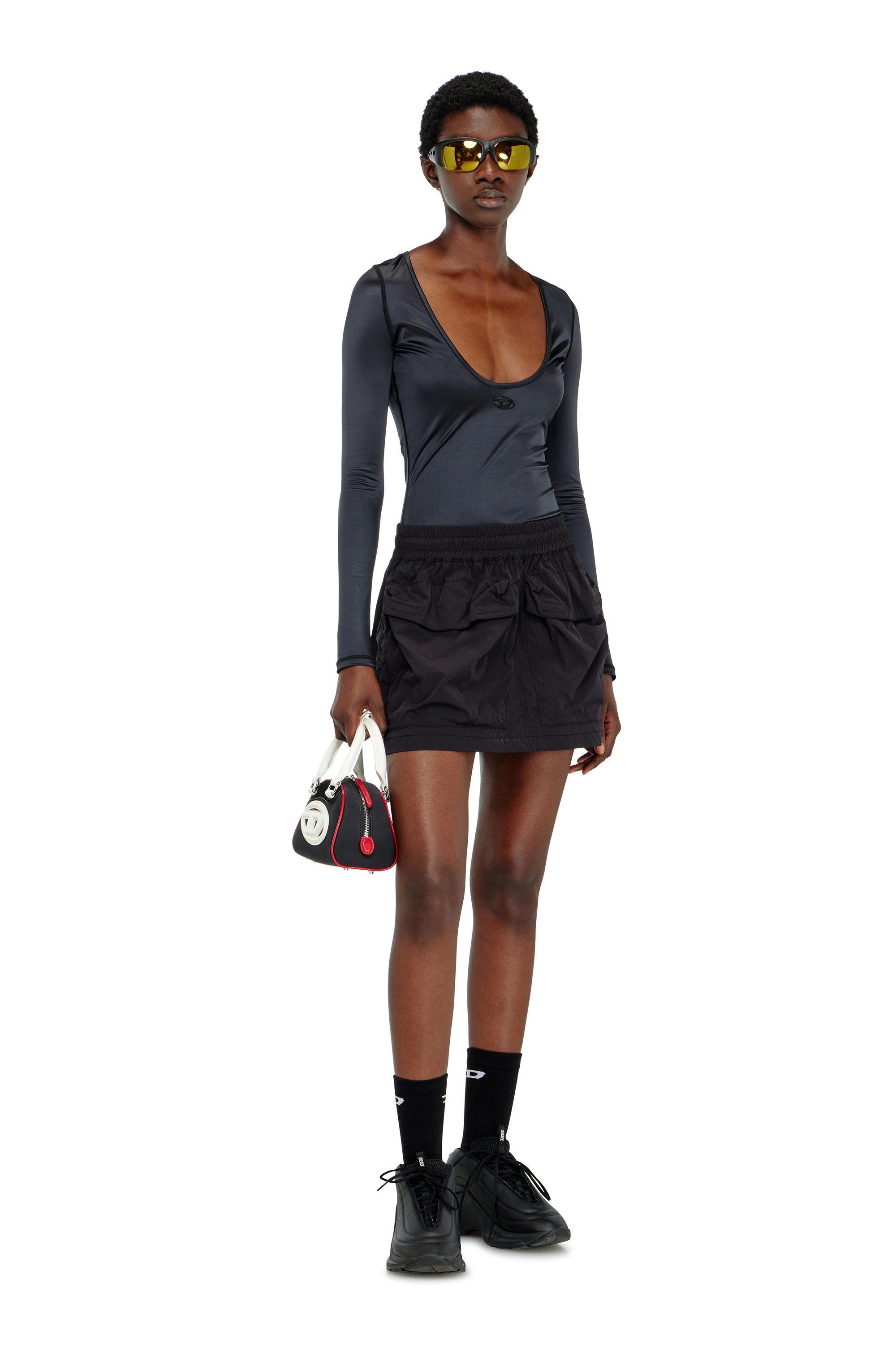 Diesel - T-ELPHIN-LS, Woman's Nylon slim top scoop neck with Logo Oval D embroidery in Black - 1