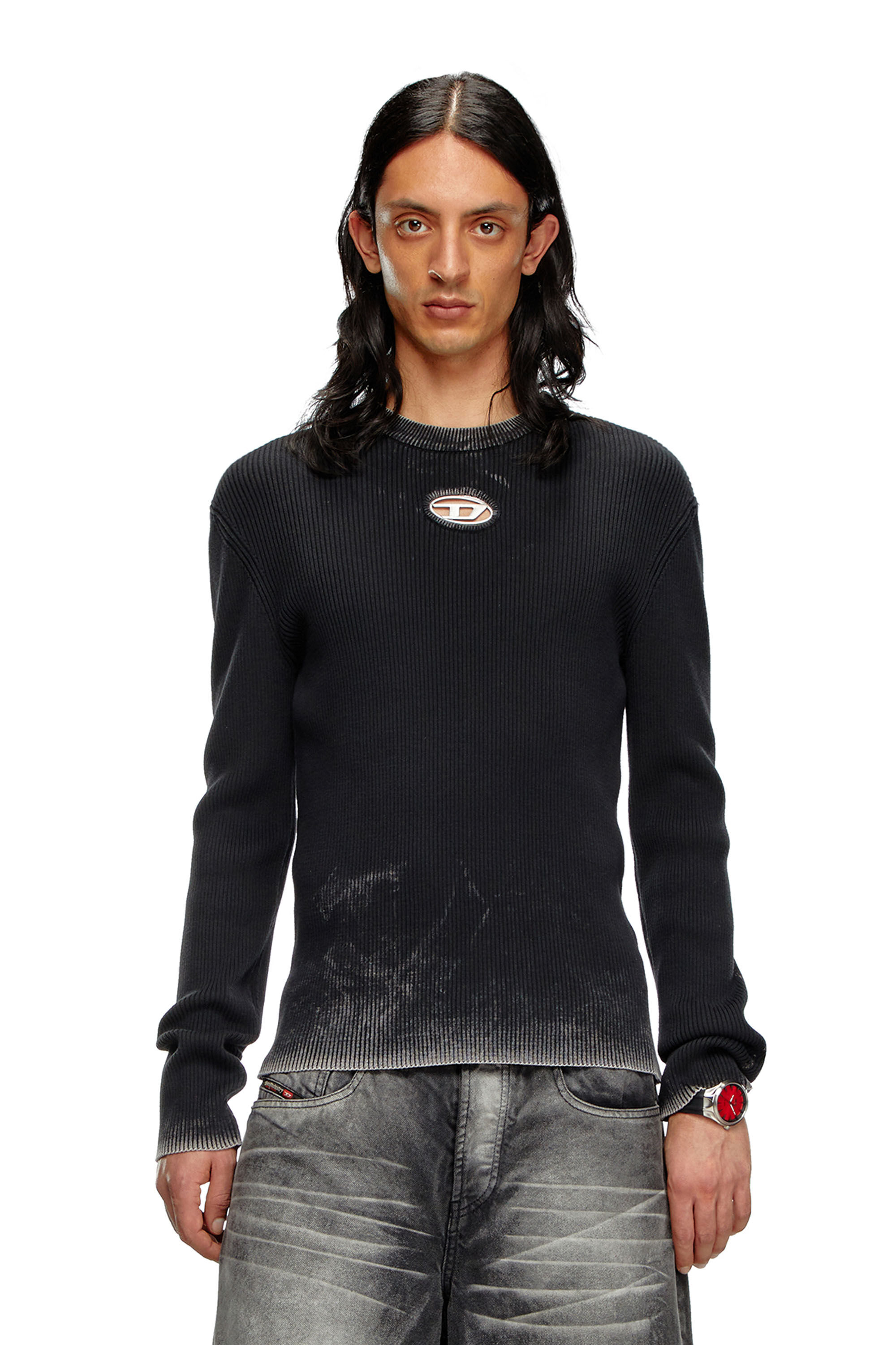 Diesel - K-DARIN-A, Man's Cut-out jumper with Oval D in Black - 3