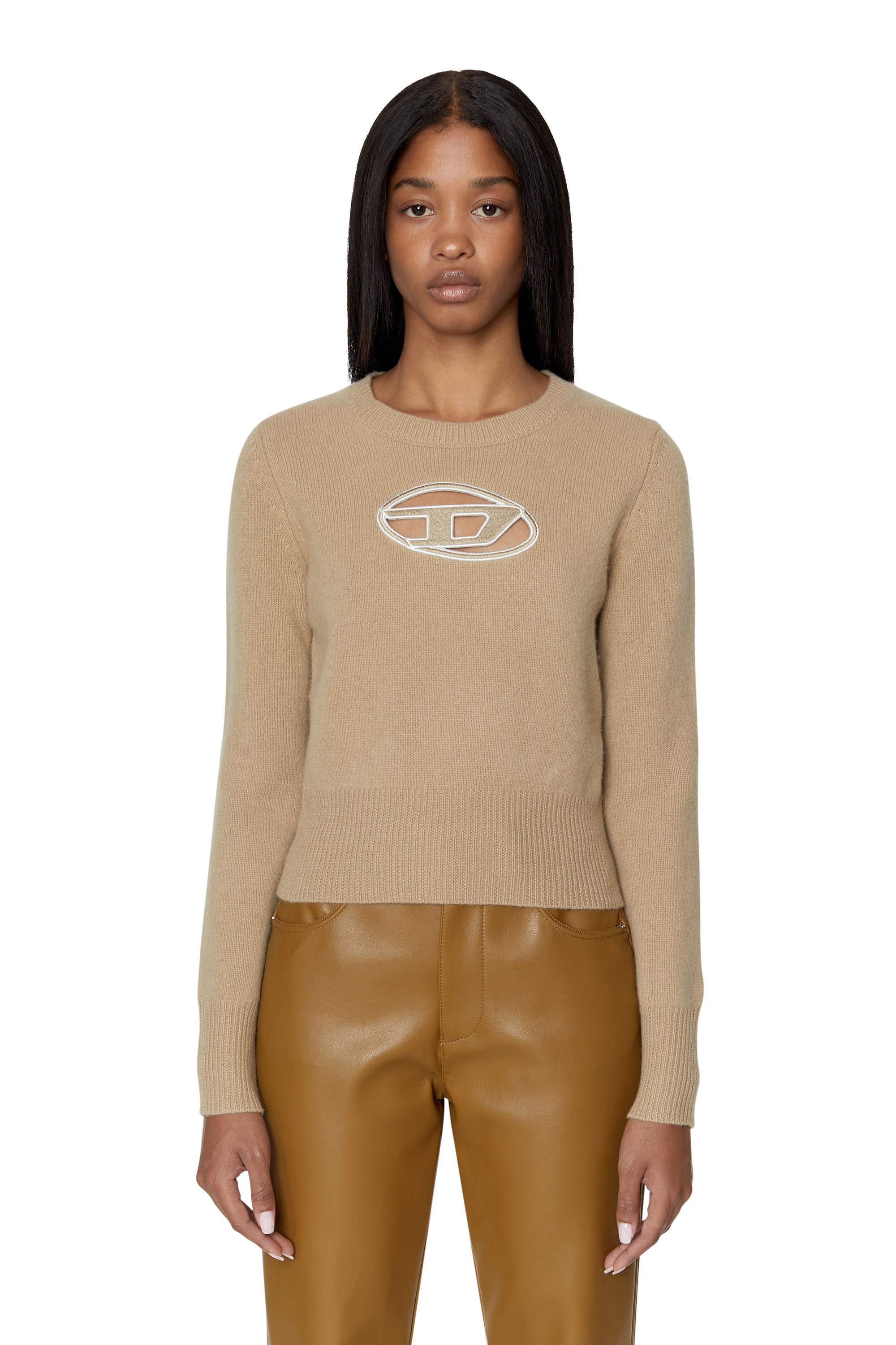 Diesel - M-AREESA, Woman's Jumper with embroidered cut-out logo in Beige - 3