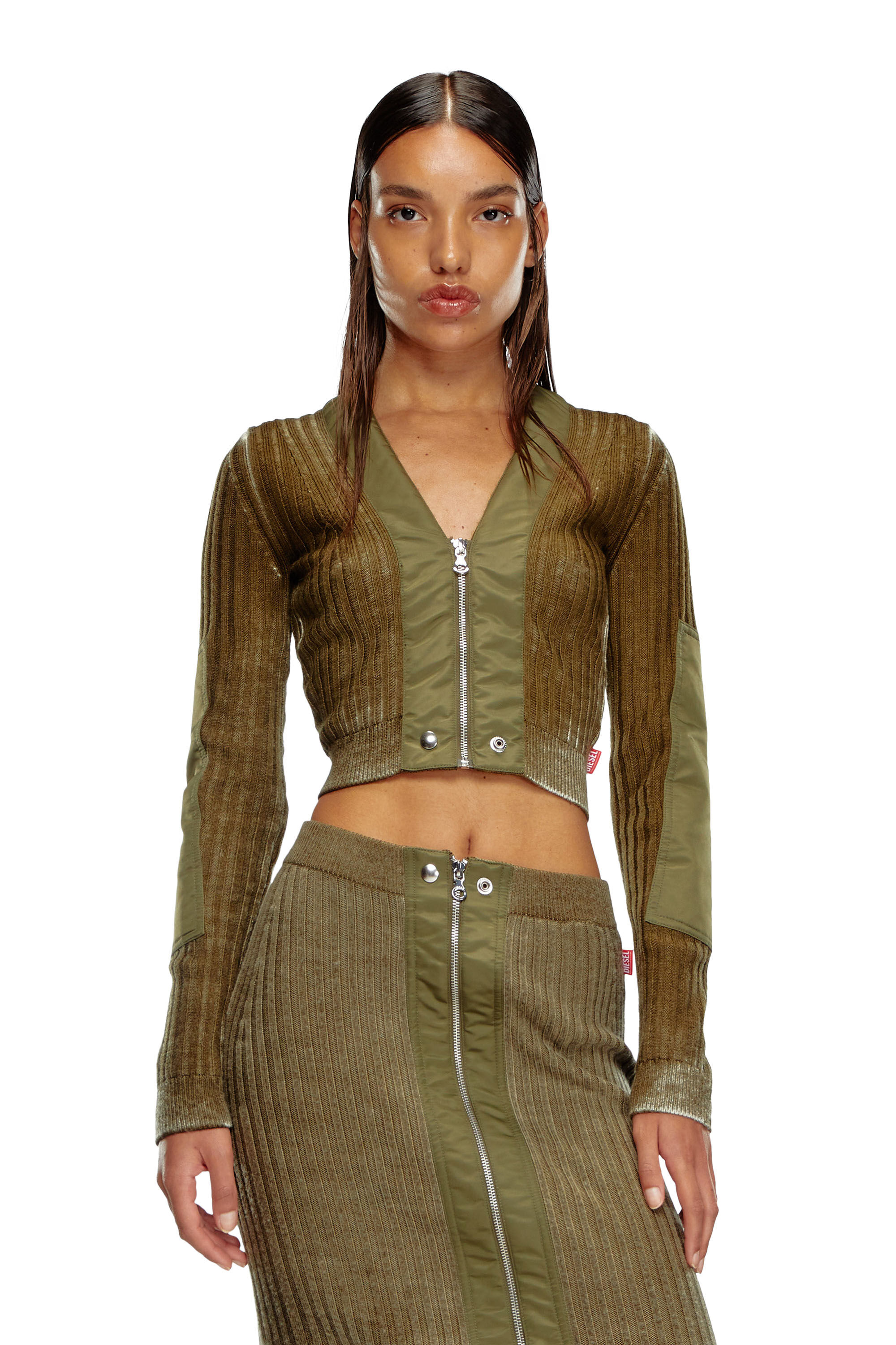 Diesel - M-ASERA, Woman's Cropped wool cardigan with nylon trims in Military Green - 3