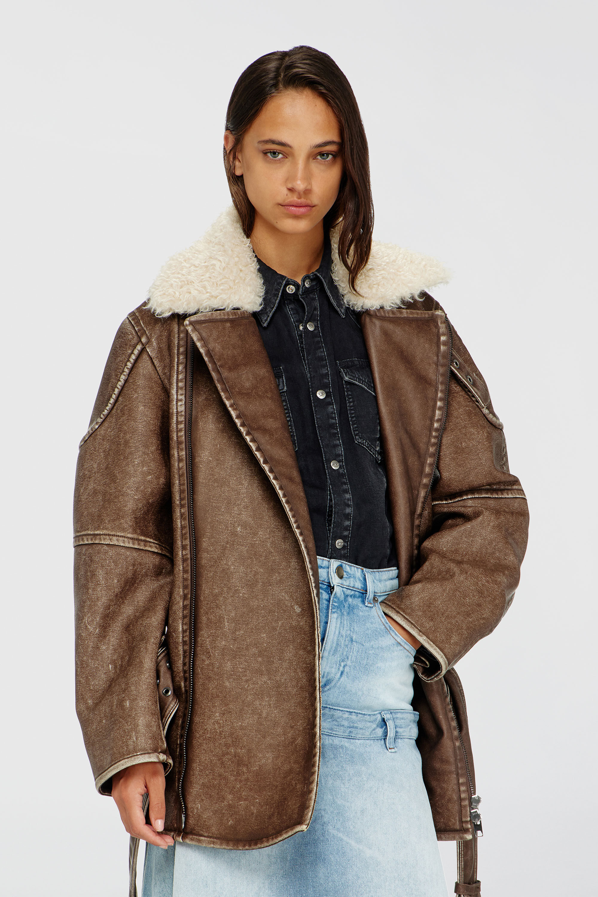 Diesel - G-EYSER, Woman's Double-breasted aviator-biker coat in Brown - 5