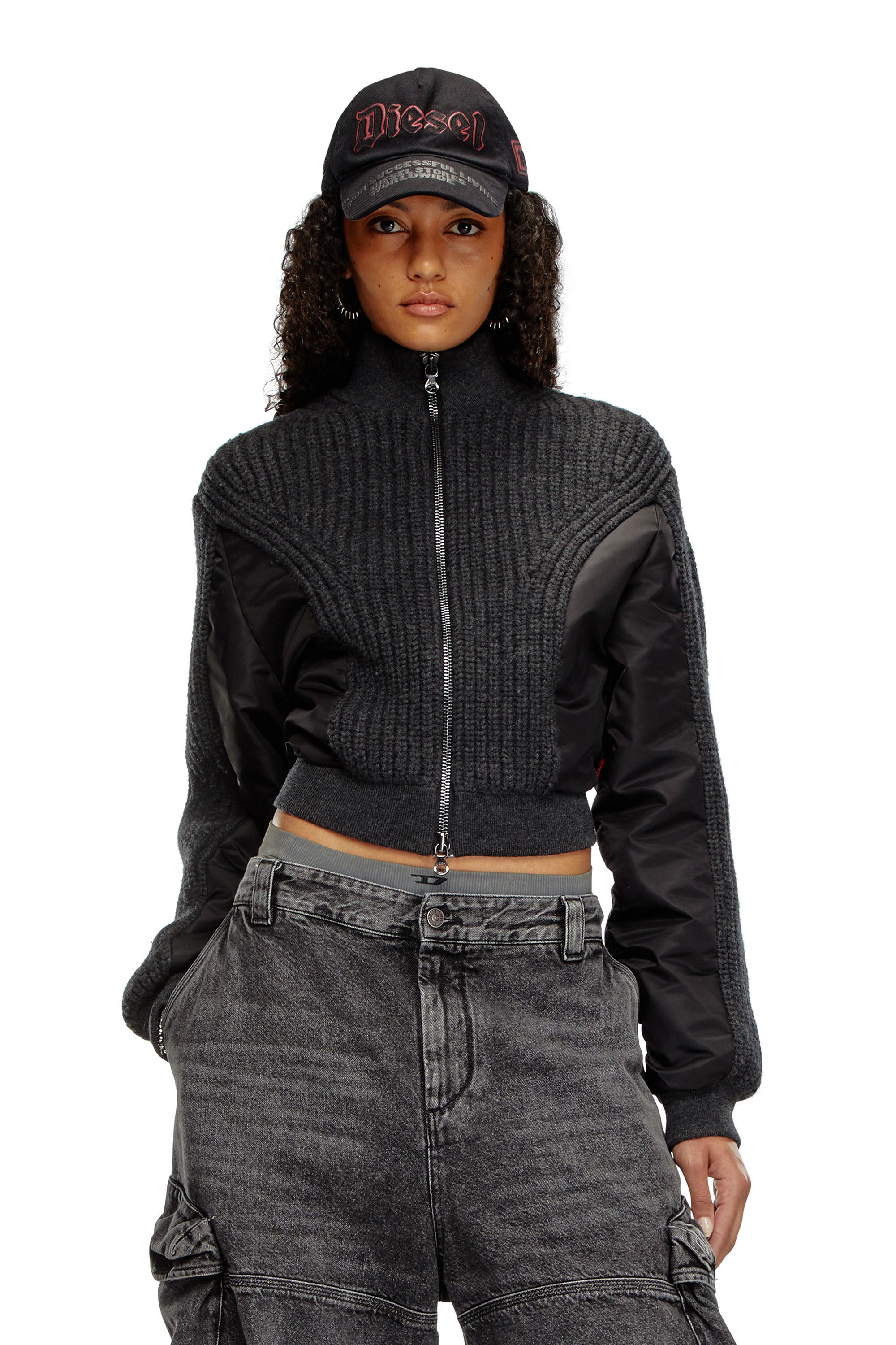 Diesel - M-ODENA, Woman's Jacket in wool knit and padded nylon in Black - 3