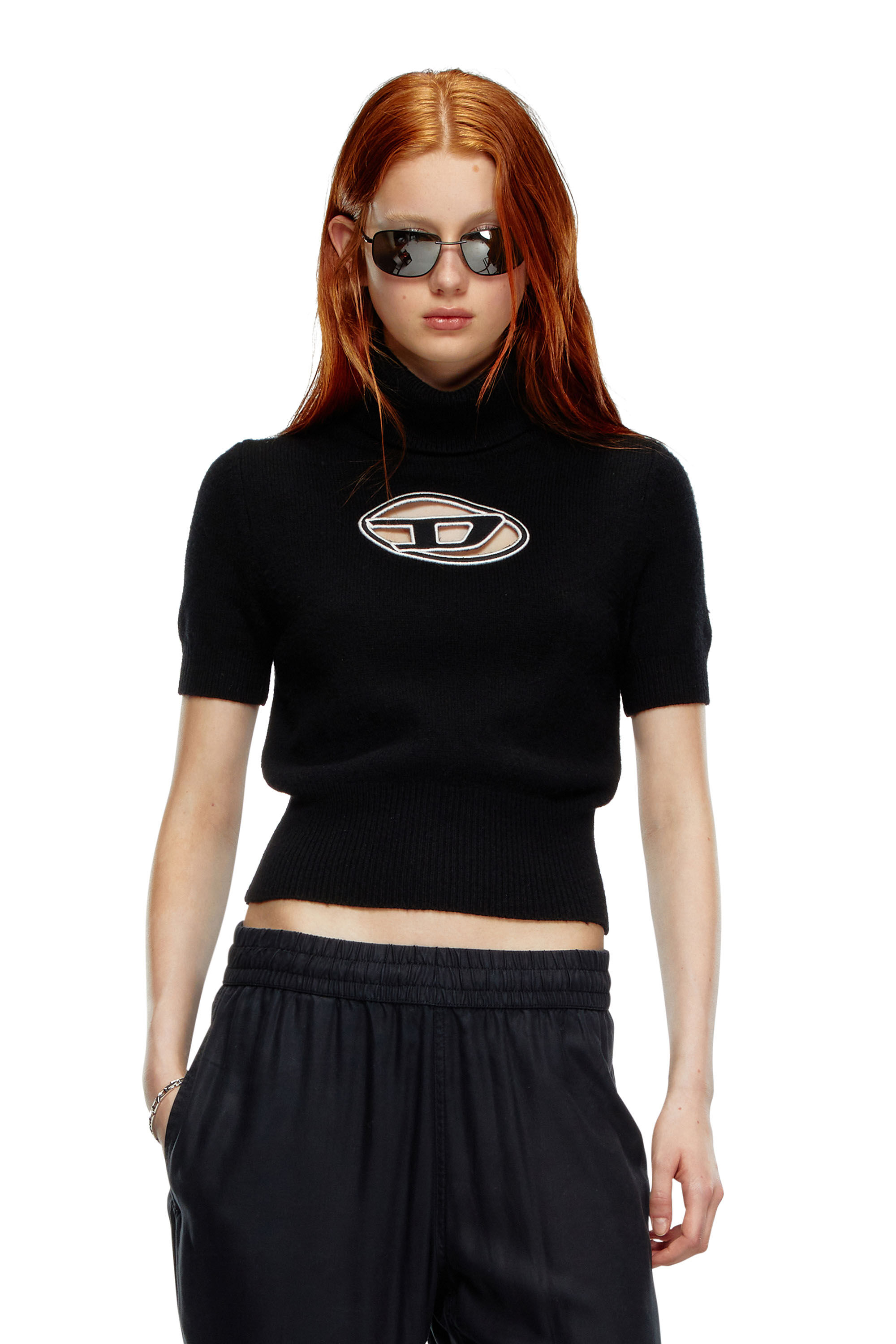 Diesel - M-ARGARET, Woman's Short-sleeve jumper with cut-out logo in Black - 3