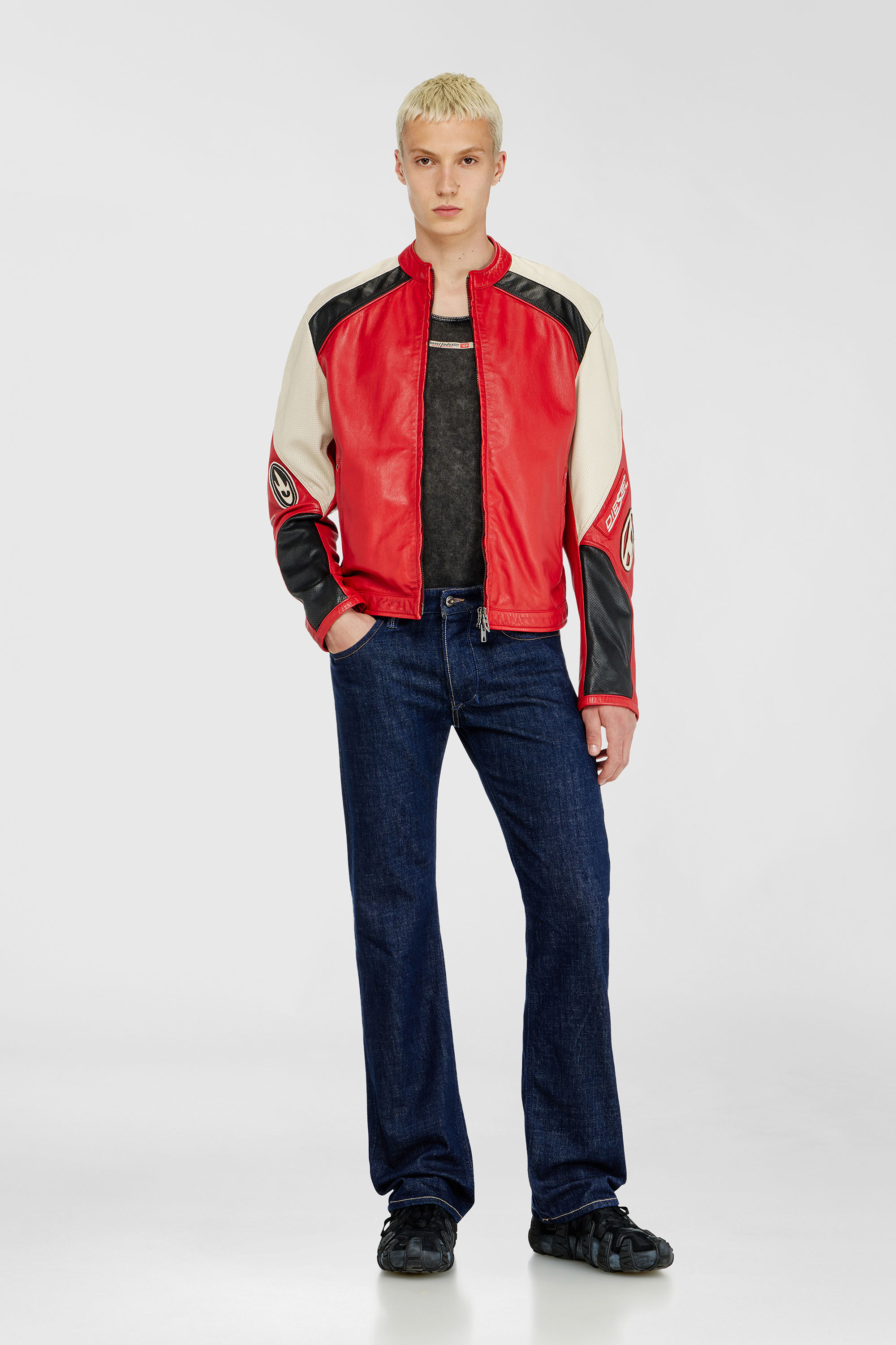 Diesel - L-AHTI, Man's Biker jacket in colour-block perforated leather in Beige/Red - 1