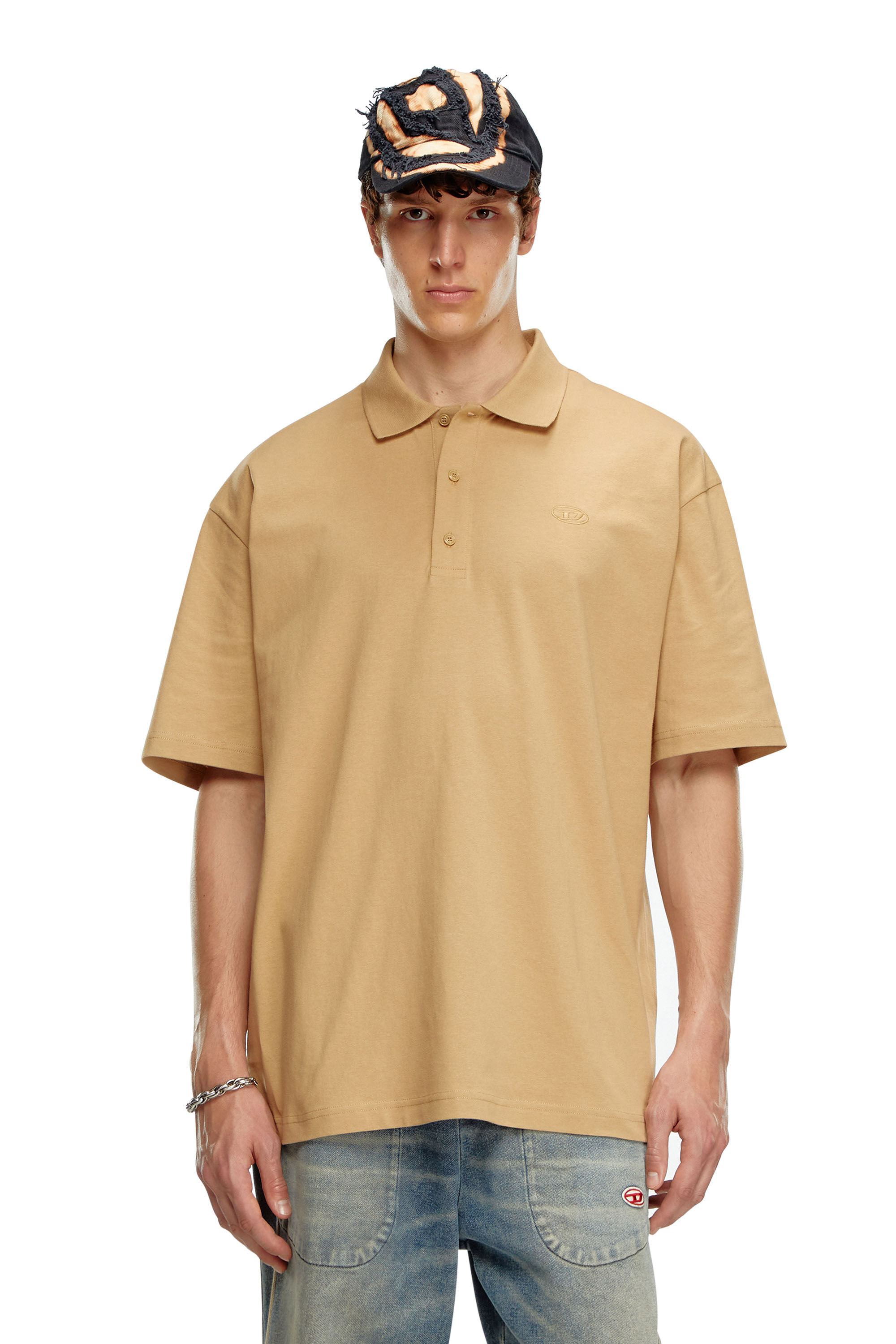 Diesel - T-VORT-MEGOVAL-D, Man's Polo shirt with maxi oval D embroidery in Light Brown - 3