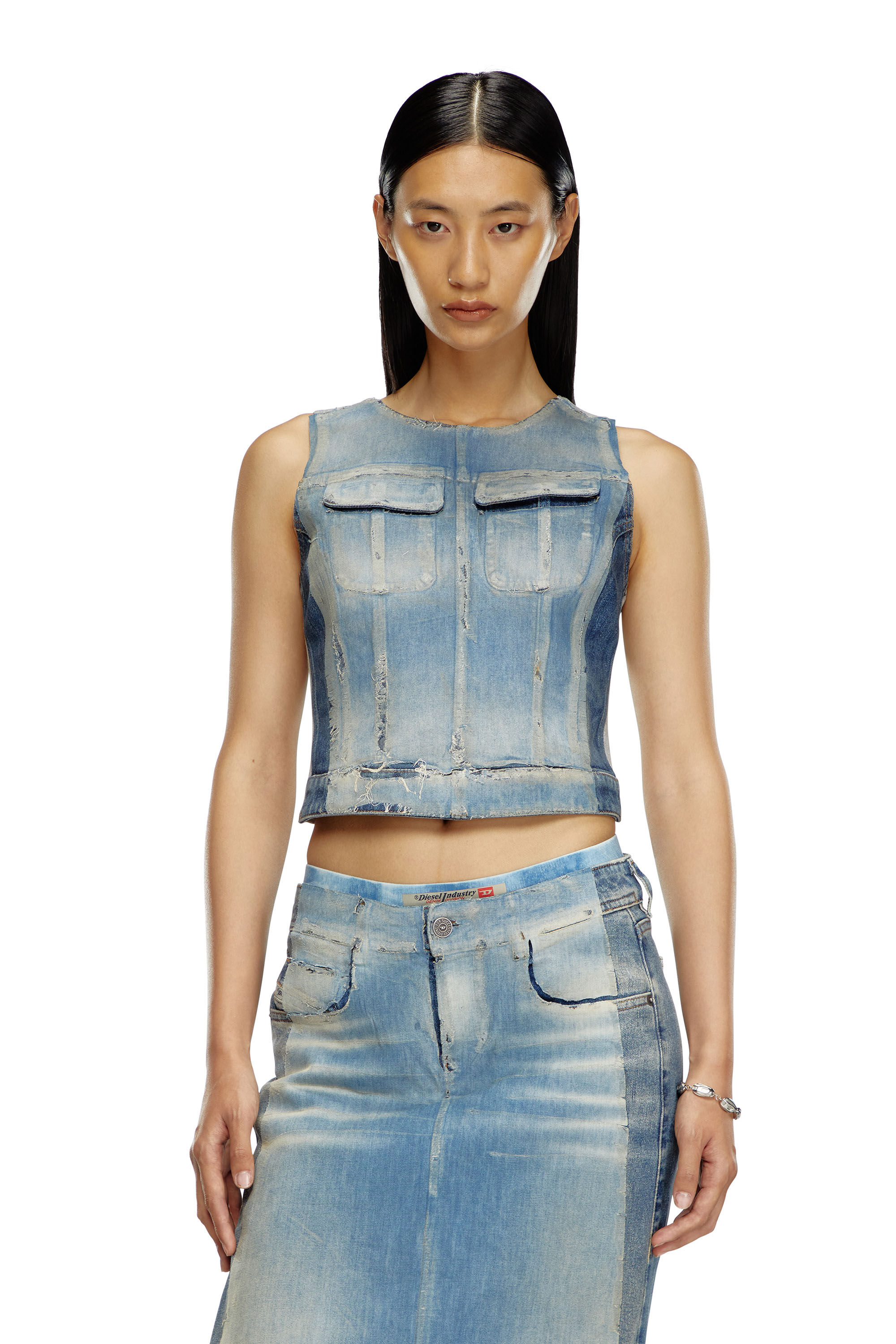 Diesel - DE-BENEDICTA-S, Woman's Top in peel-off denim and jersey in Light Blue - 6