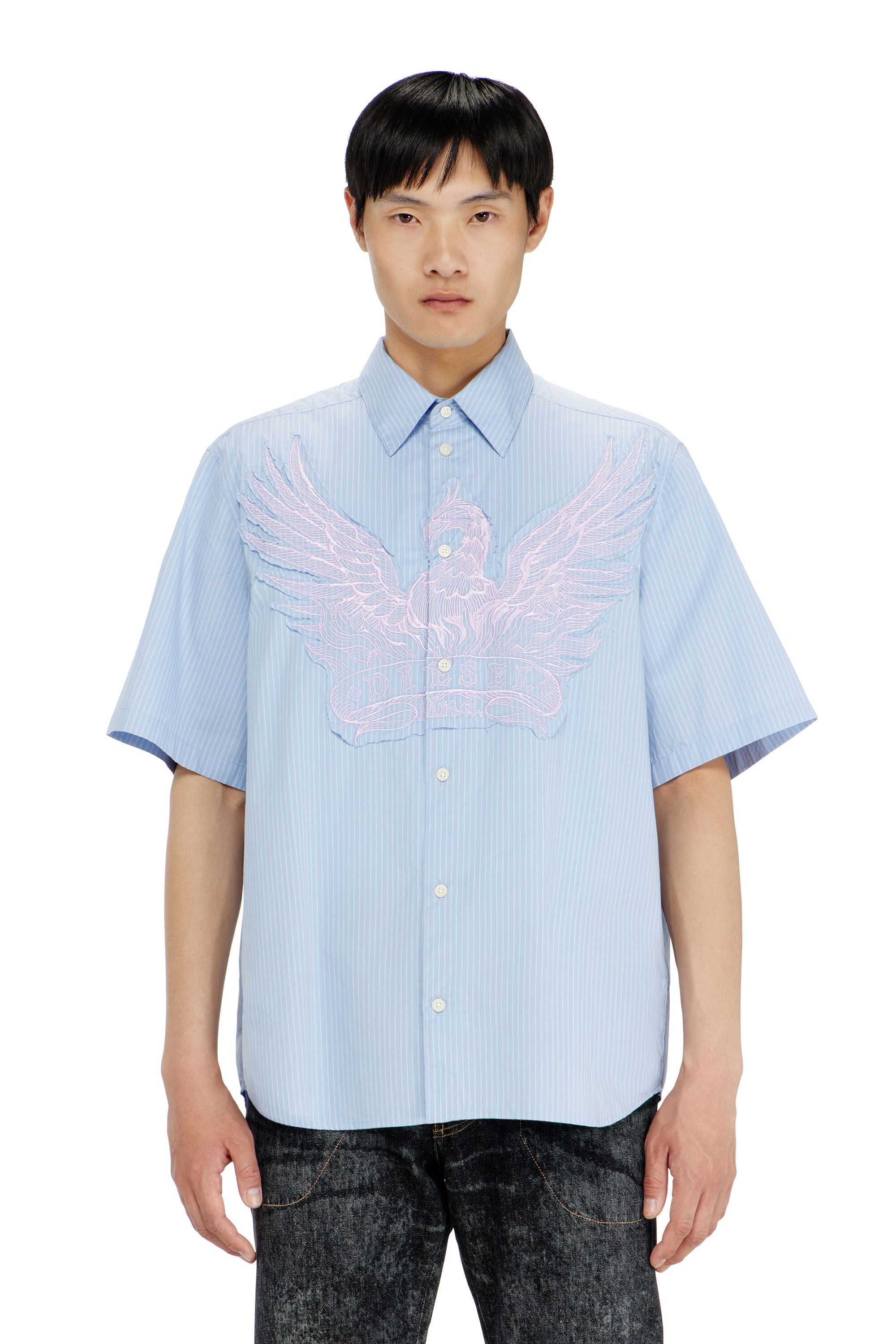 Diesel - S-SIMPLY-SS-AGCZ, Man's Striped poplin shirt with embroidered patch in Light Blue - 3