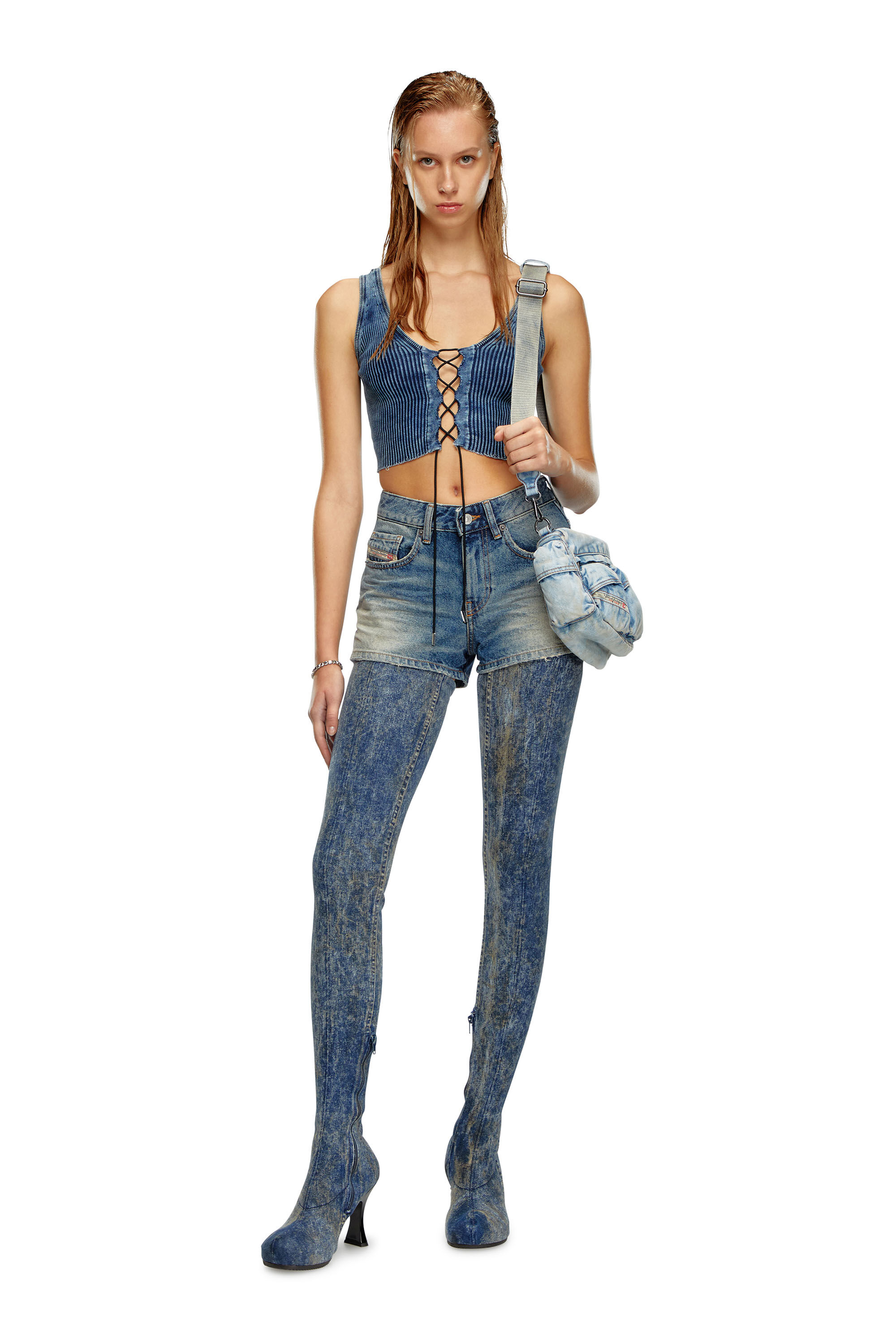 Diesel - M-ADONE, Woman's Cropped lace-up tank top in indigo knit in Blue - 1