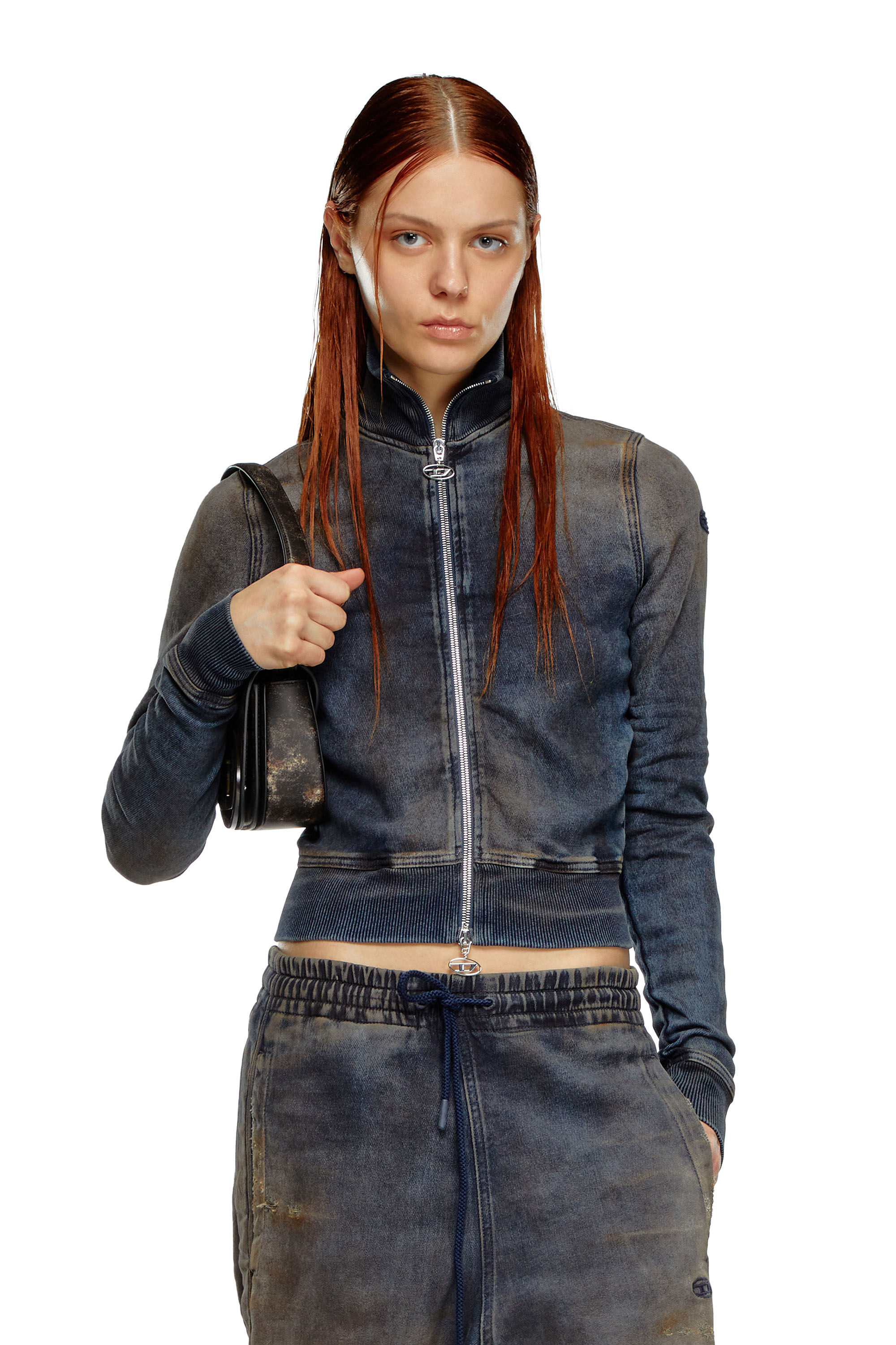 Diesel - D-EMY TRACK, Woman's Zip-up sweatshirt in distressed Track Denim in Dark Blue - 3