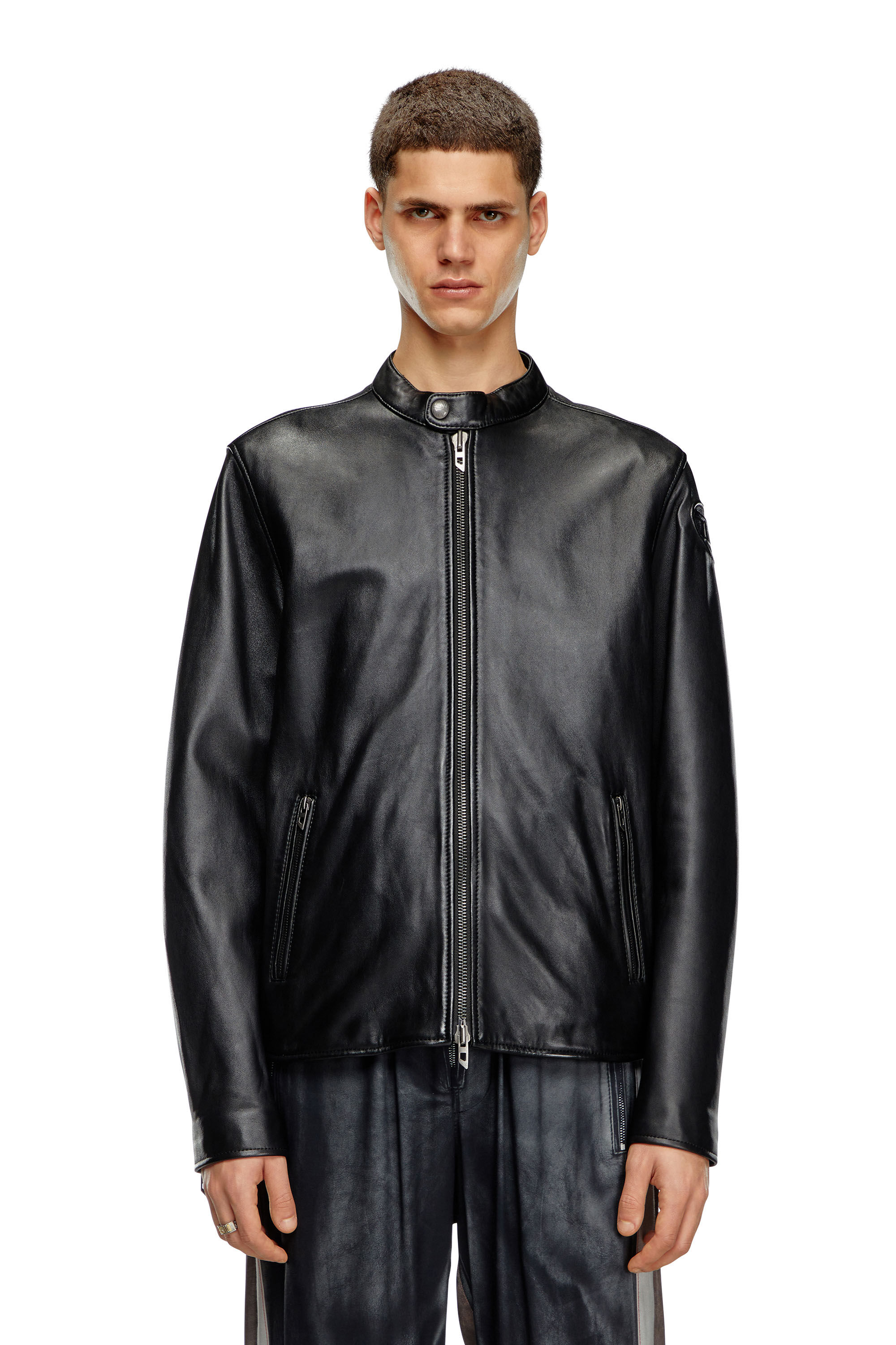 Men's Leather biker jacket with embossed logo | Black | Diesel Men's Leather biker jacket with embossed logo | Black | Diesel
