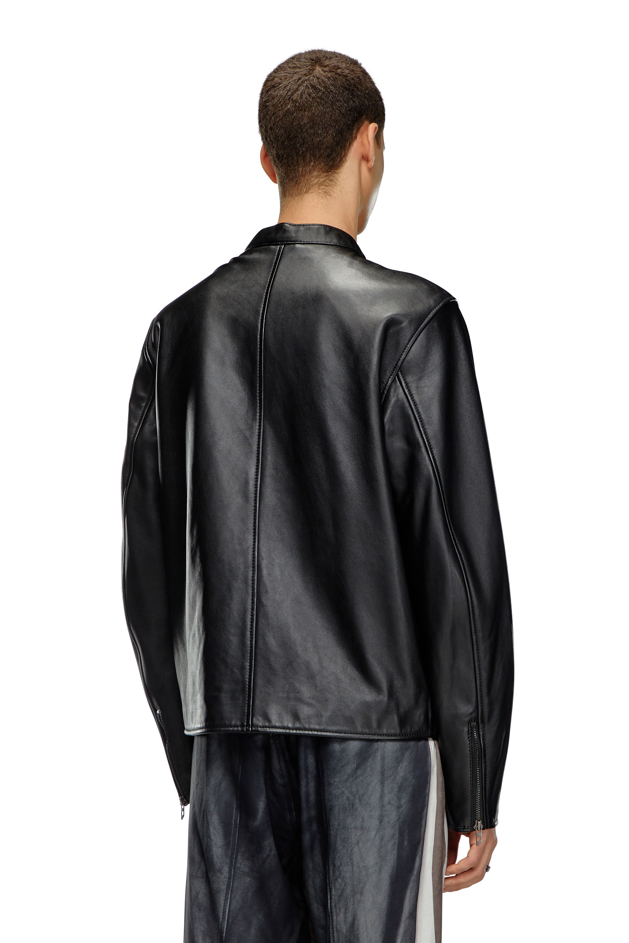 Men's Leather biker jacket with embossed logo | Black | Diesel