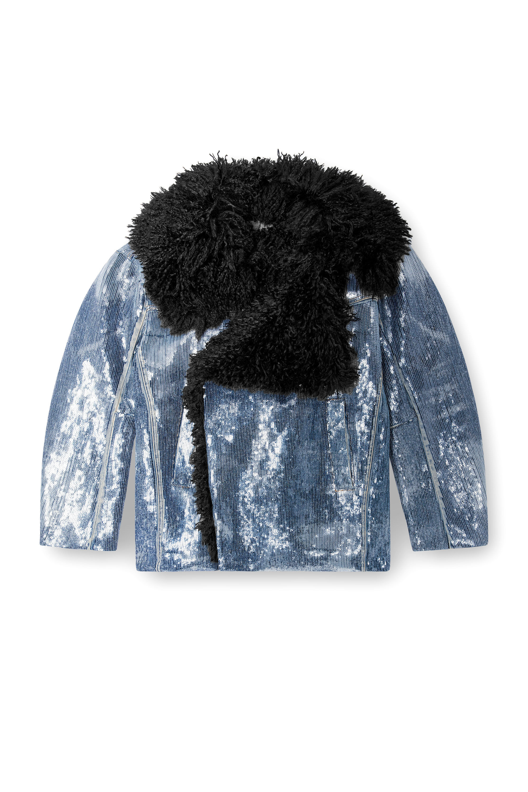 Diesel - DE-BIKA-S, Woman's Sequin denim jacket with shaggy collar in Medium blue - 2