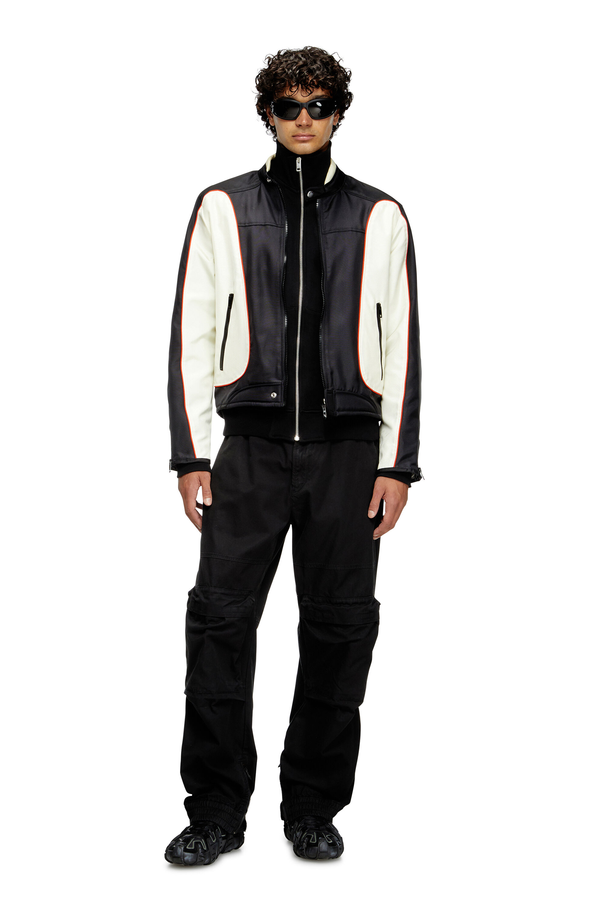 Diesel - J-BLINK-A, Man's Colour-block biker jacket with piping in White/Black - 1
