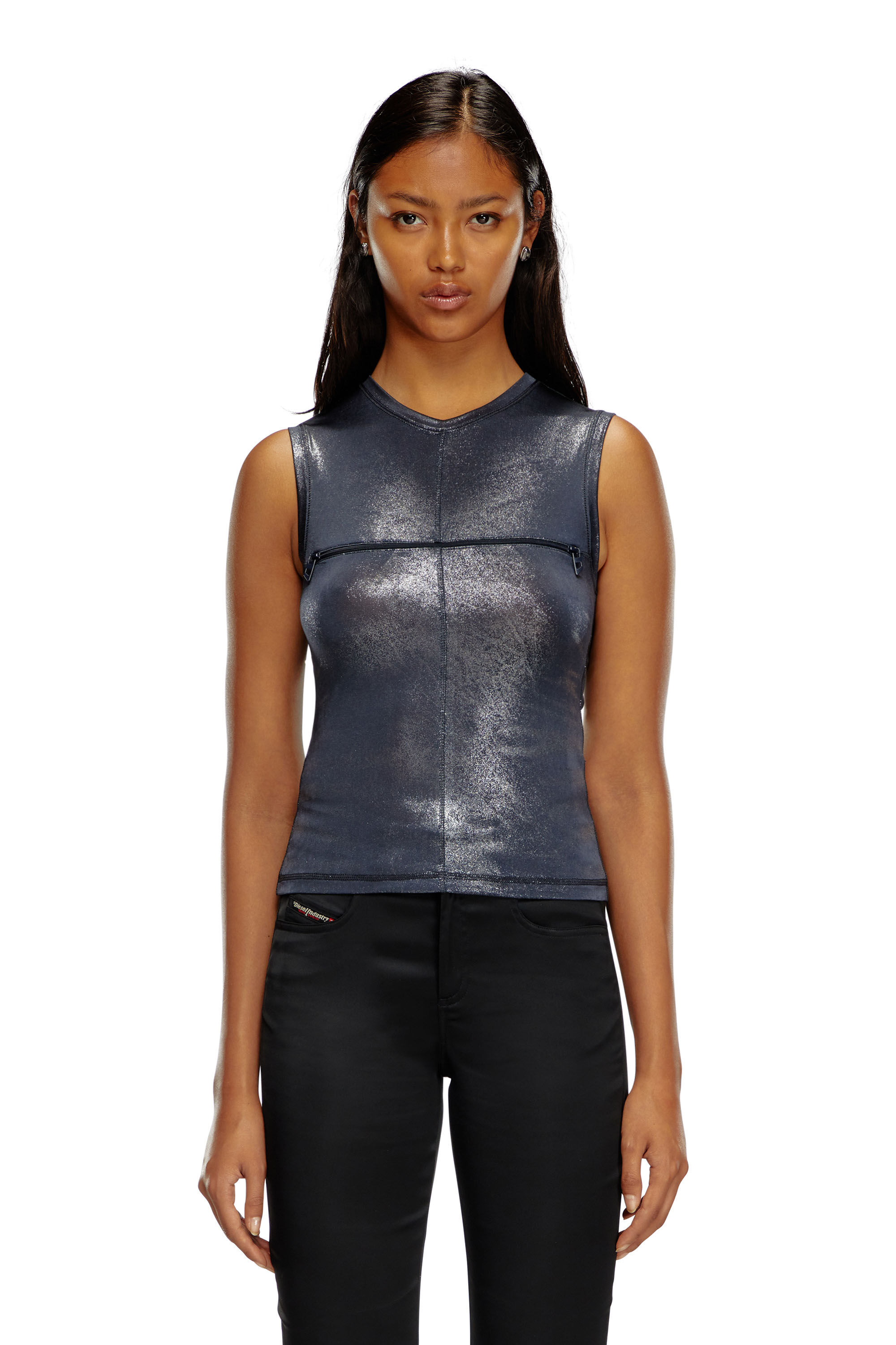 Diesel - T-VEZZY, Woman's Metallic tank top with chest slit in Blue - 5