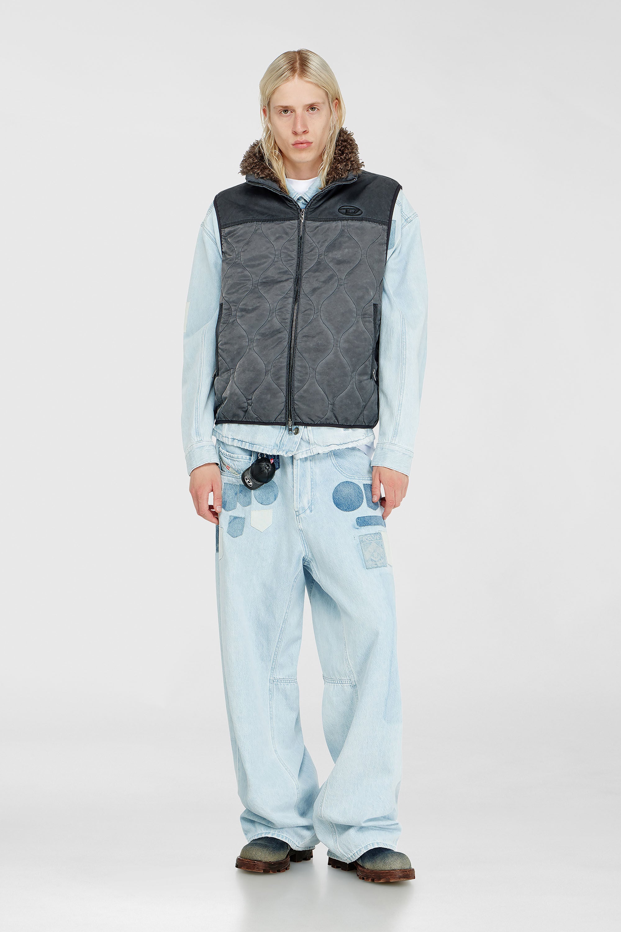 Diesel - J-ALVAR, Man's Quilted vest with fluffy neck lining in Dark grey - 1