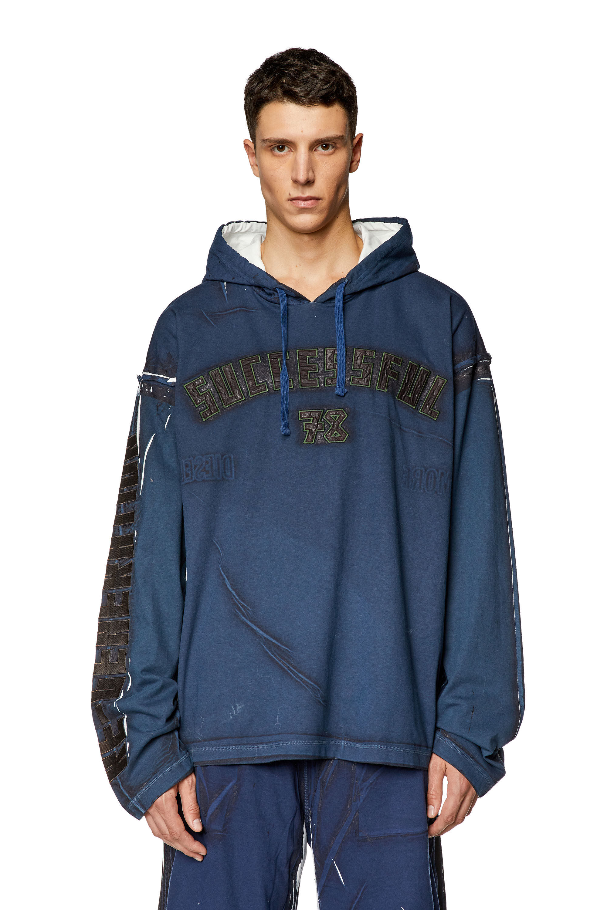 Diesel - T-NABEL-HOOD-LS, Man's Printed hooded top with logo appliqués in Dark Blue - 5