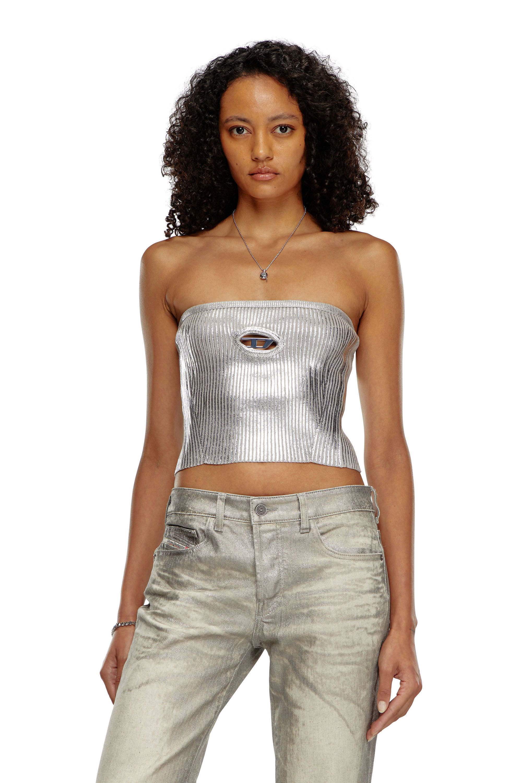 Diesel - M-CLARKSVILLEX-C, Woman's Metallic tube top with logo hardware in Grey - 3