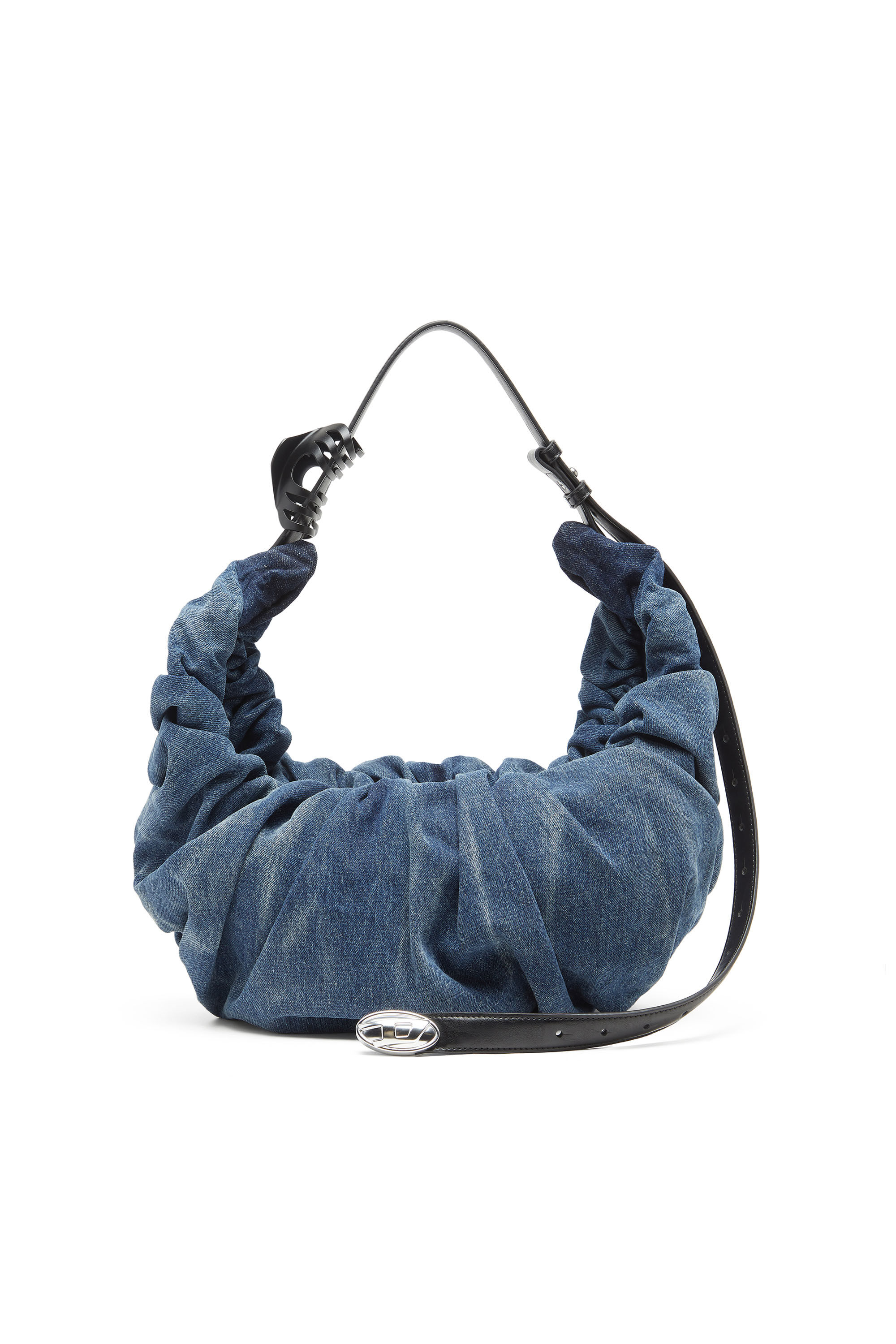 Diesel - GRAB-D HOBO L, Woman's Grab-D-Large scrunched hobo bag in treated denim in Medium blue - 1