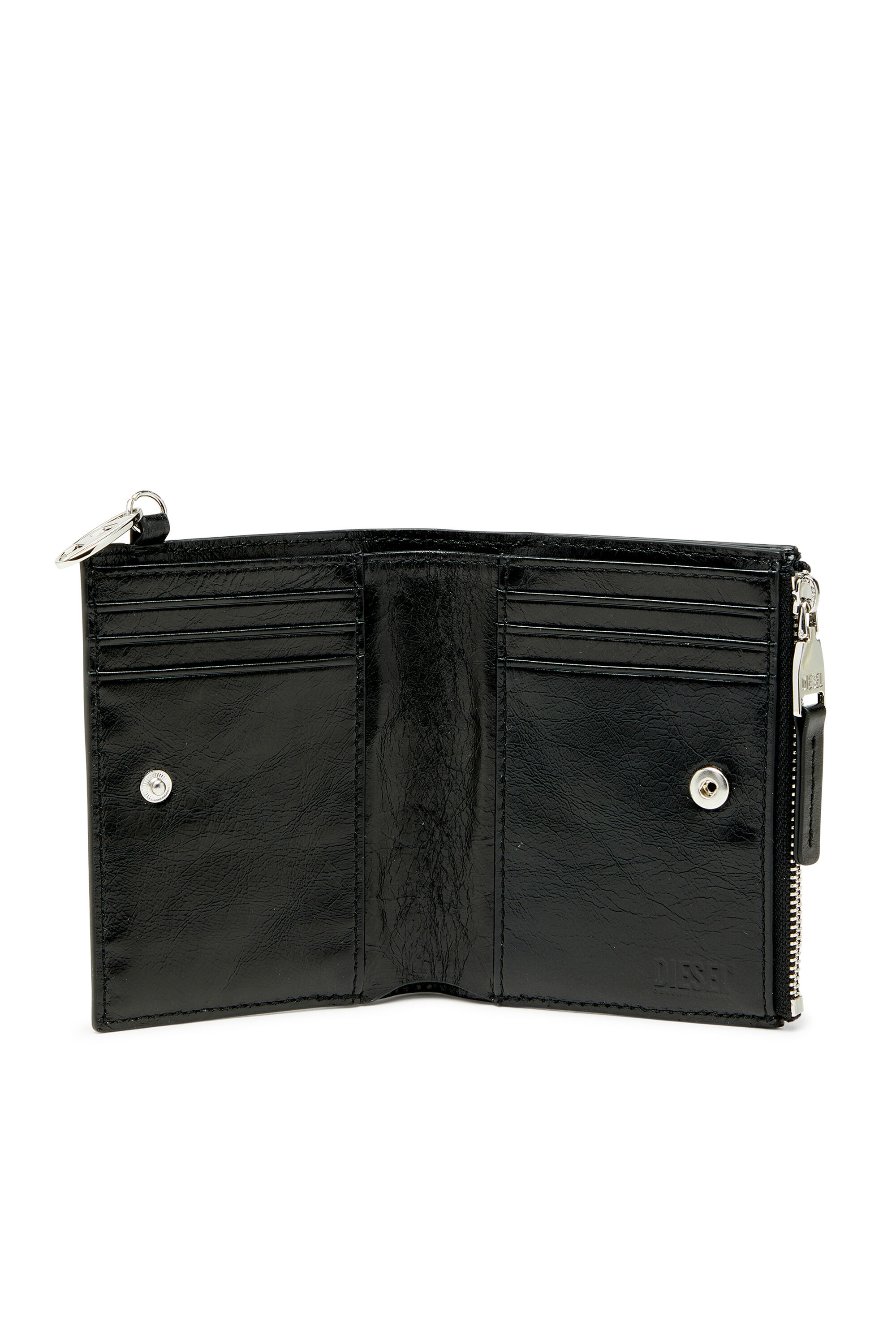 Diesel - OVAL-D BI FOLD ZIP II, Woman's Leather bi-fold wallet with embossed chain motif in Black - 3