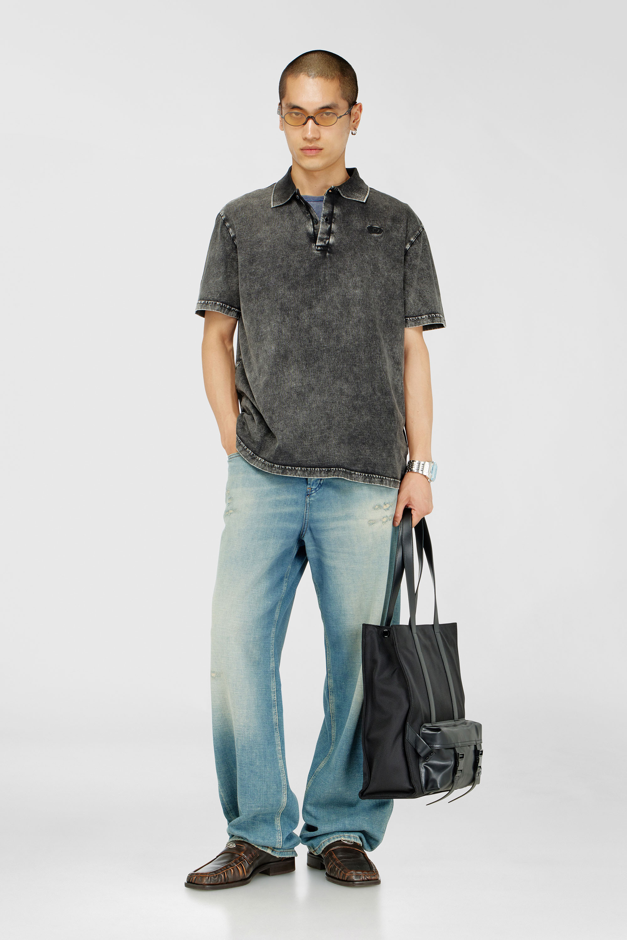 Diesel - T-REJUST-NC-DEN, Man's Polo shirt in denim-effect jersey in Dark grey - 2
