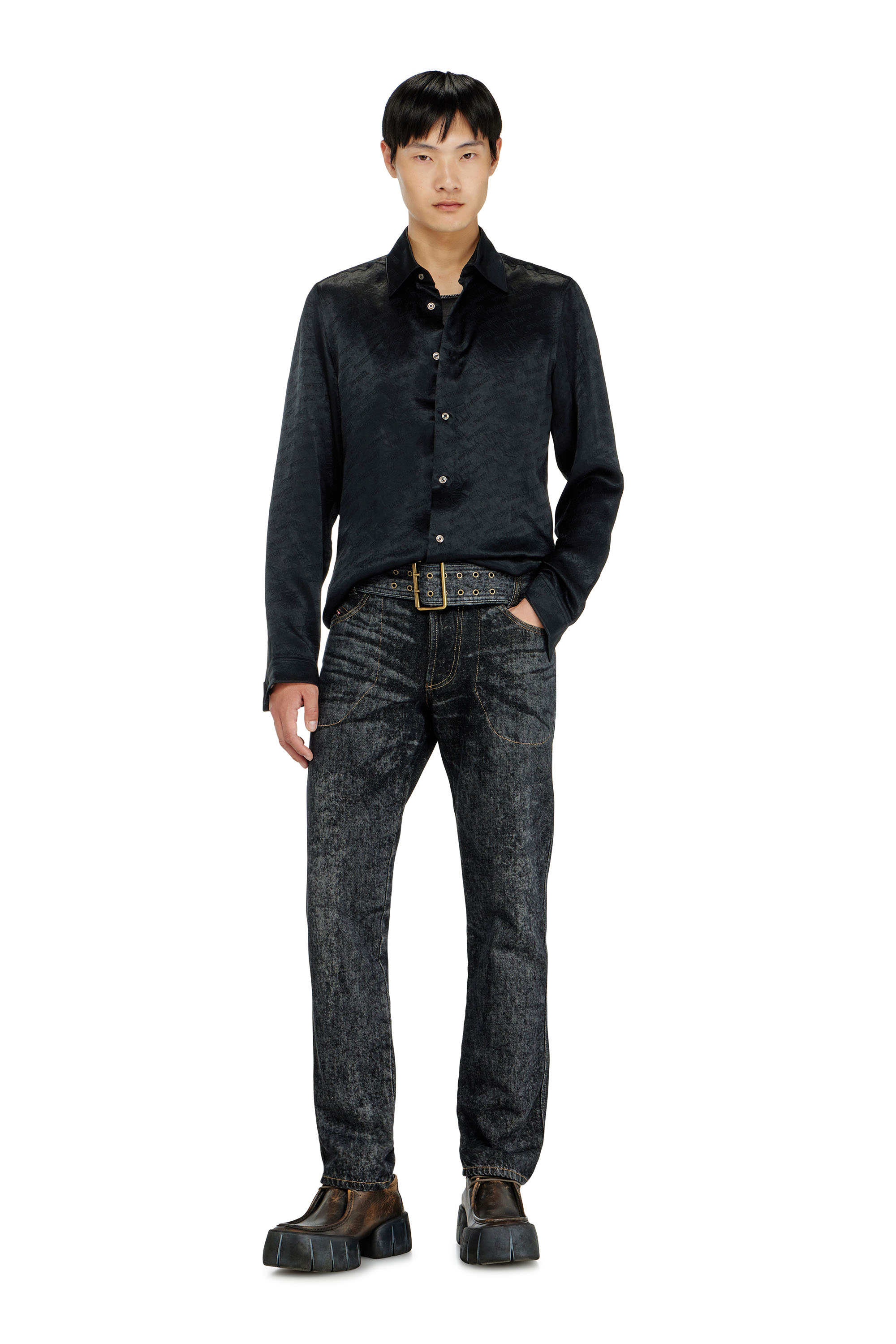 Diesel - S-KINNY-EFBZ, Man's Shirt in logo-jacquard crinkled satin in null - 2
