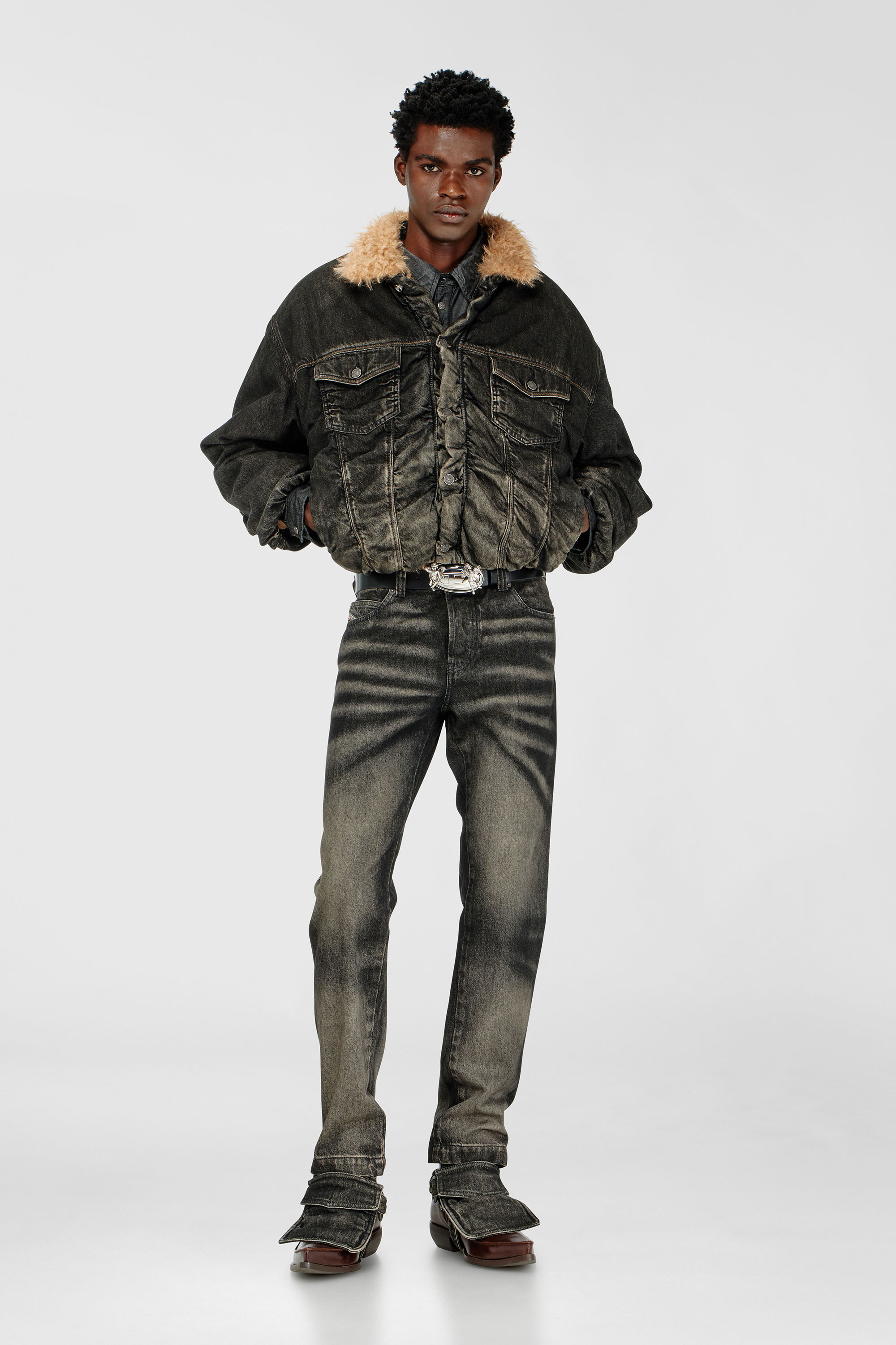 Diesel - D-CURLY-FSJ, Unisex's Teddy-lined trucker jacket in dirty-effect denim in Black/Dark grey - 2