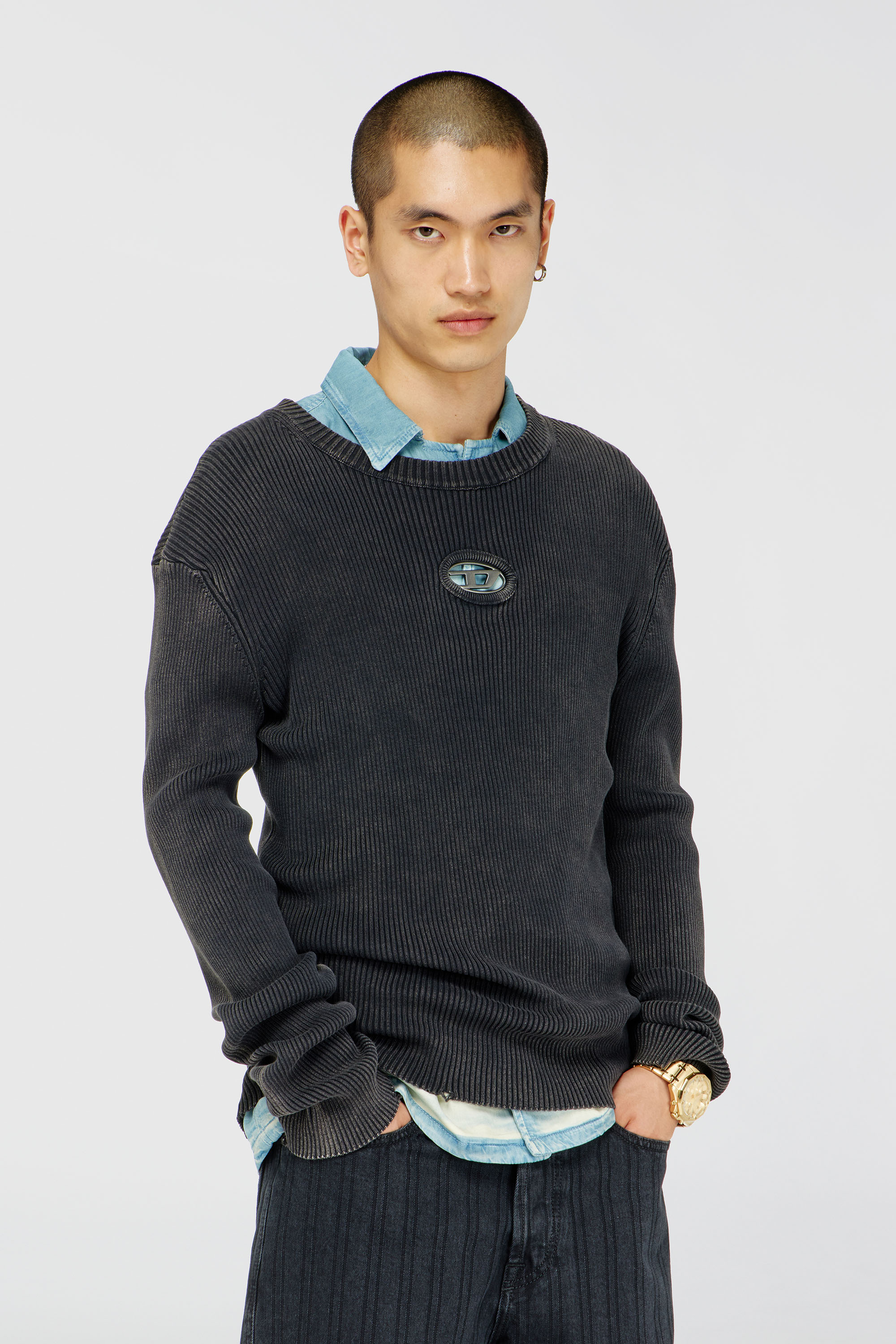 Diesel - K-DARIN-D, Man's Distressed jumper with cut-out logo in Black - 1