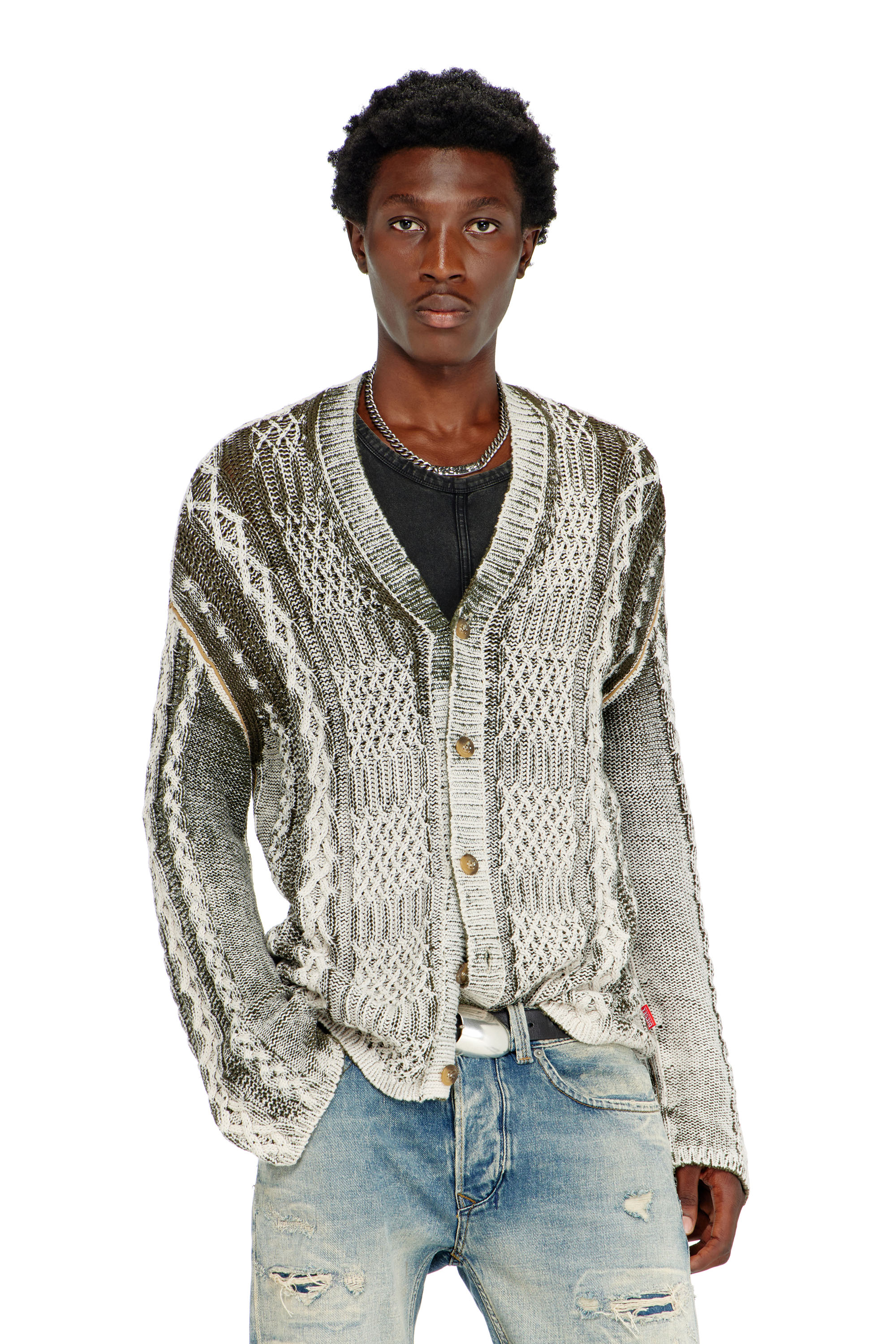 Diesel - K-MIOTO, Man's Treated cable-knit cardigan in White/Grey - 1