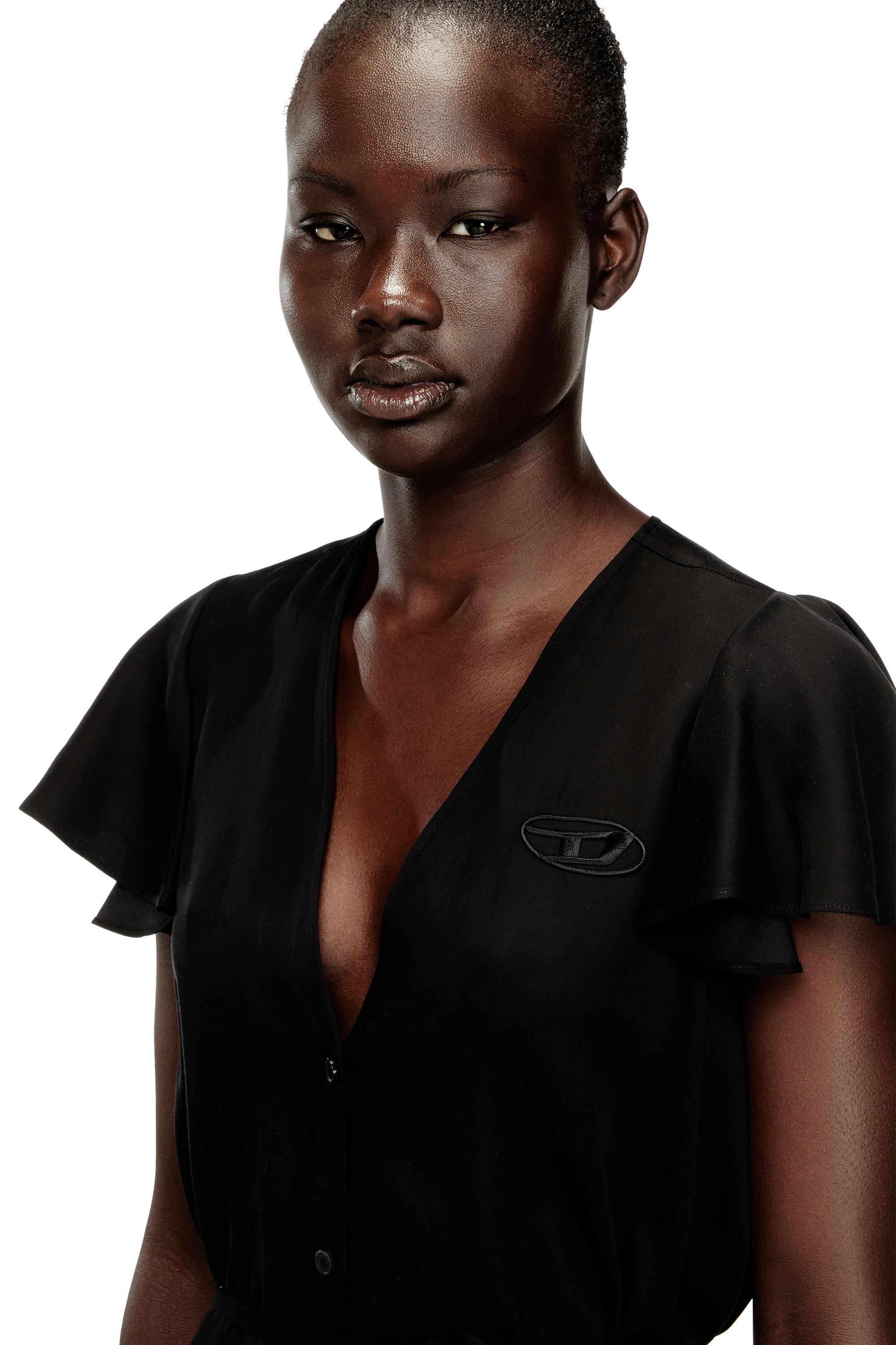 Diesel - D-AIKIRI, Woman's Cupro dress with V-neck and front buttons in Black - 5